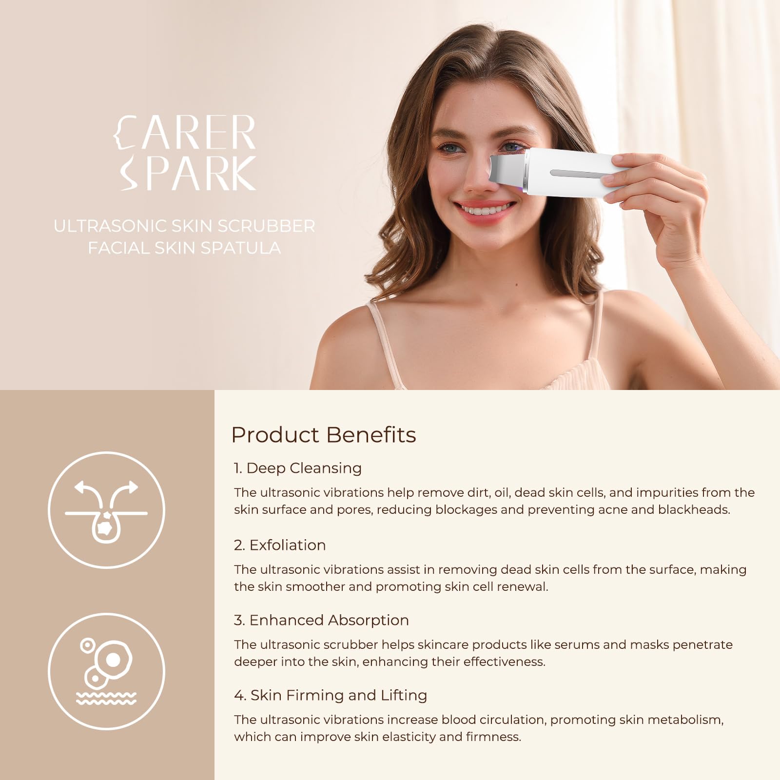 CARER SPARK Ultrasonic Facial Scrubber with EMS Microcurrent and Red/Blue Light Therapy 4