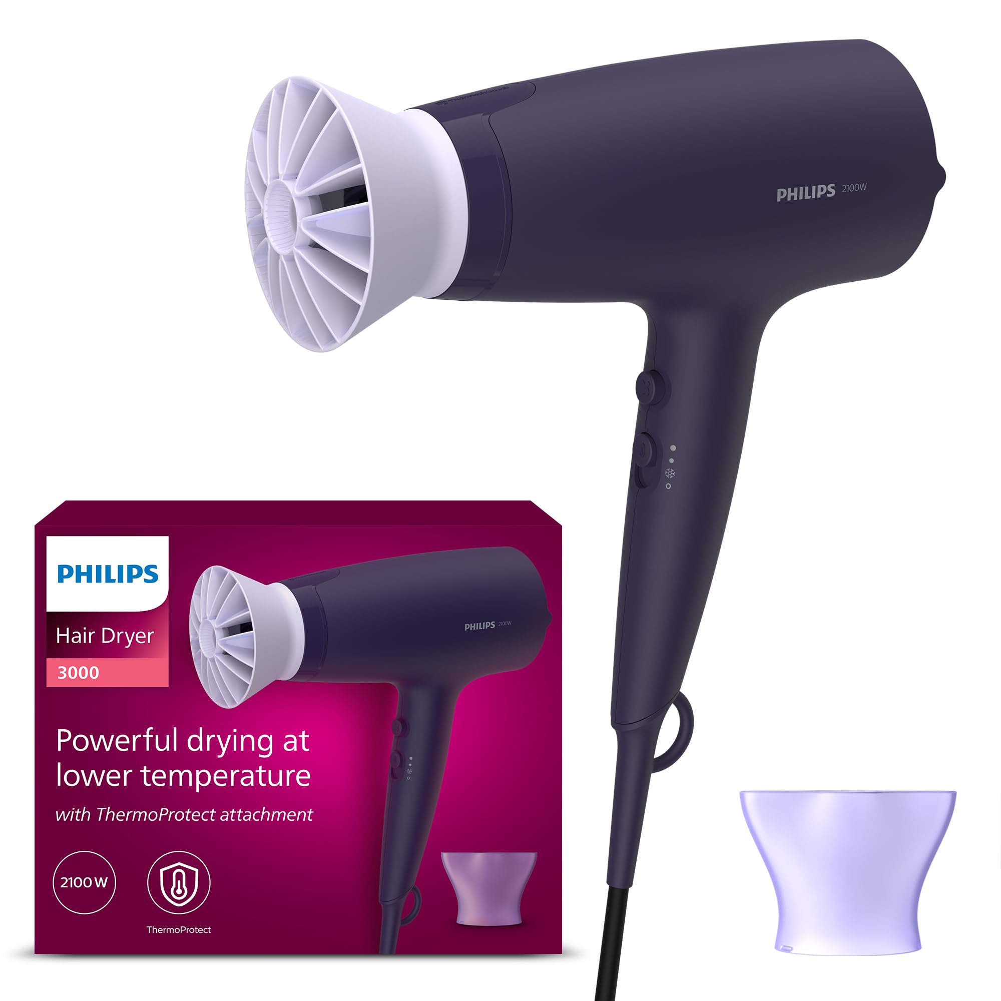 Philips Hair Dryer 3000 Series with ThermoProtect Attachment, 2100W Power