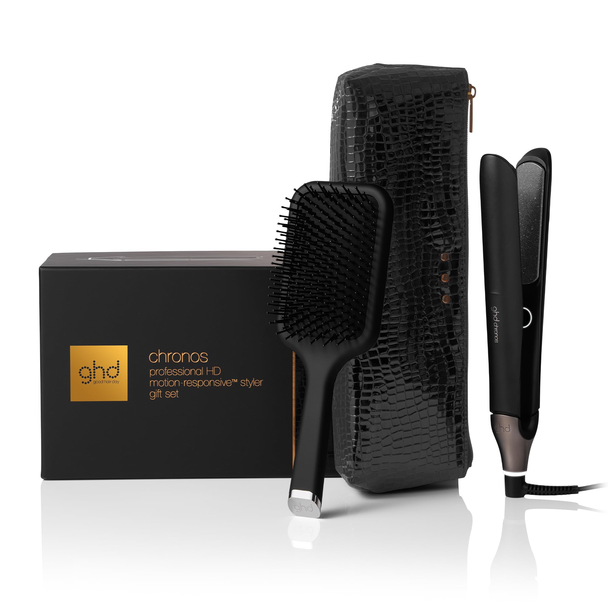 ghd Chronos Festive Gift Set: Hair Straightener, Paddle Brush, Heat-Resistant Bag & Mat