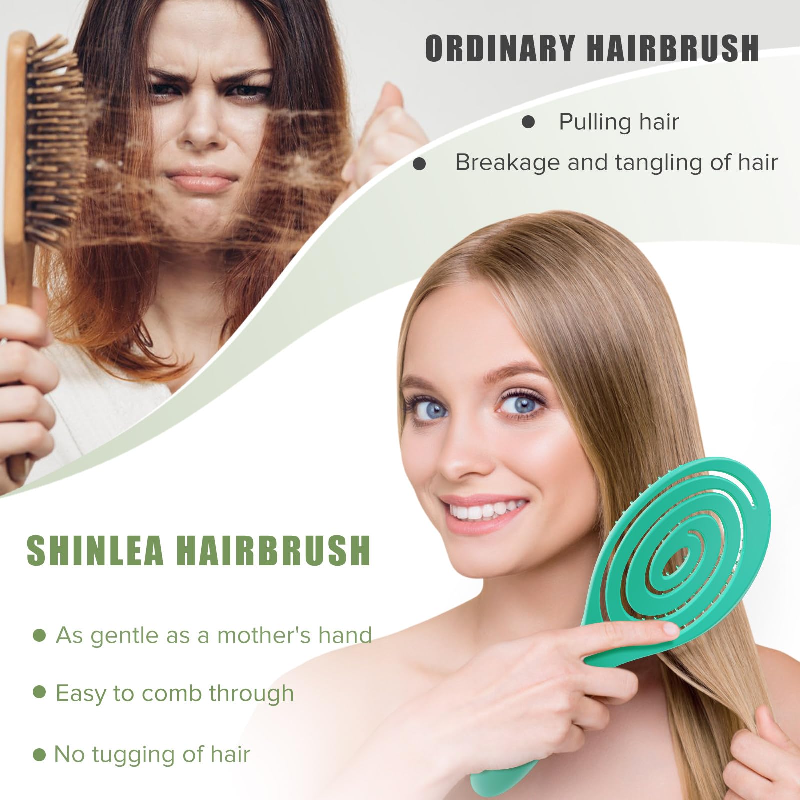 SHINLEA Anti-Tangle Spiral Hair Brush for Wet & Dry Detangling and Scalp Massaging (Green) 3