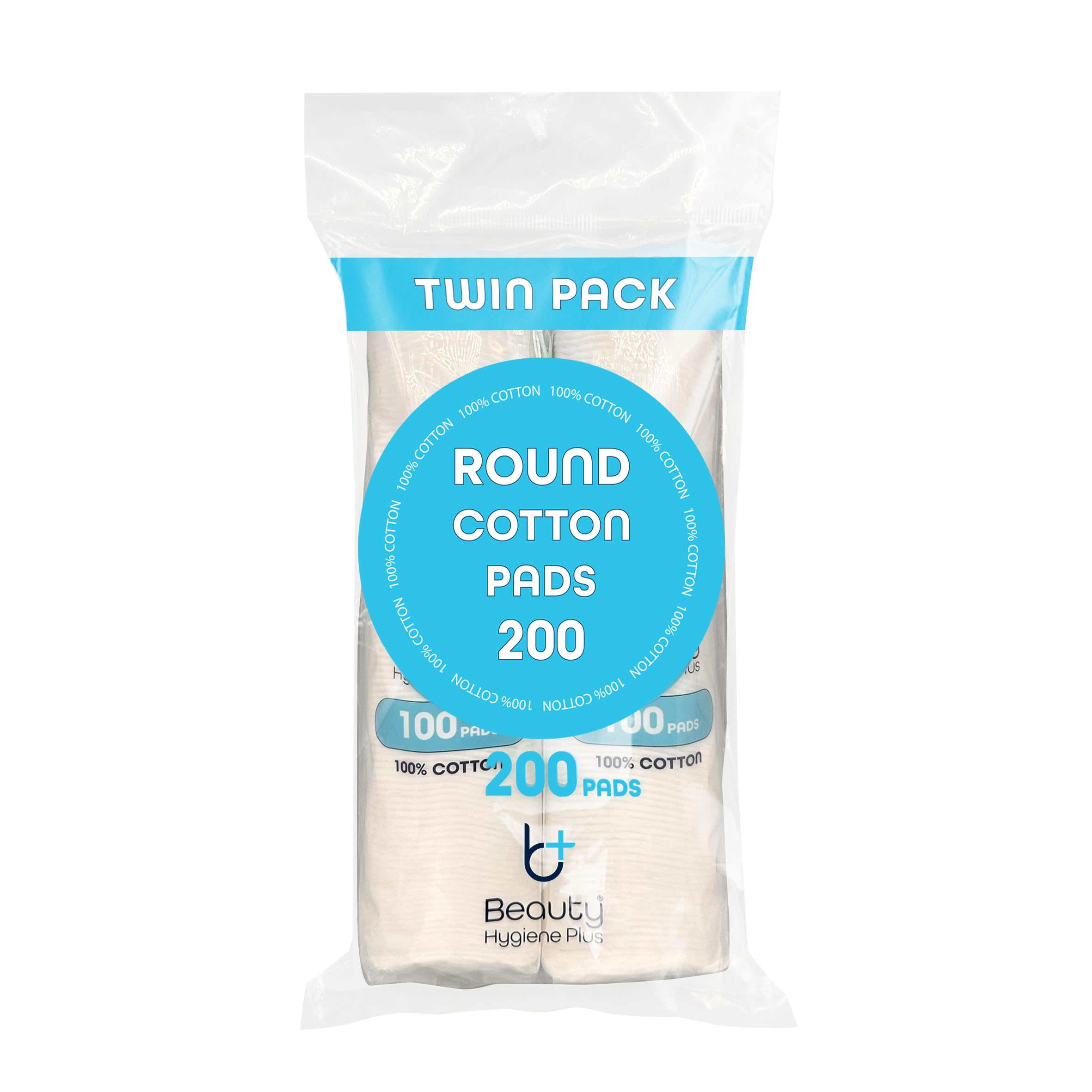 Beauty Hygiene Plus Ultra-Soft Round Cotton Pads Twin Pack - 200 Wool Discs for Face Cleansing