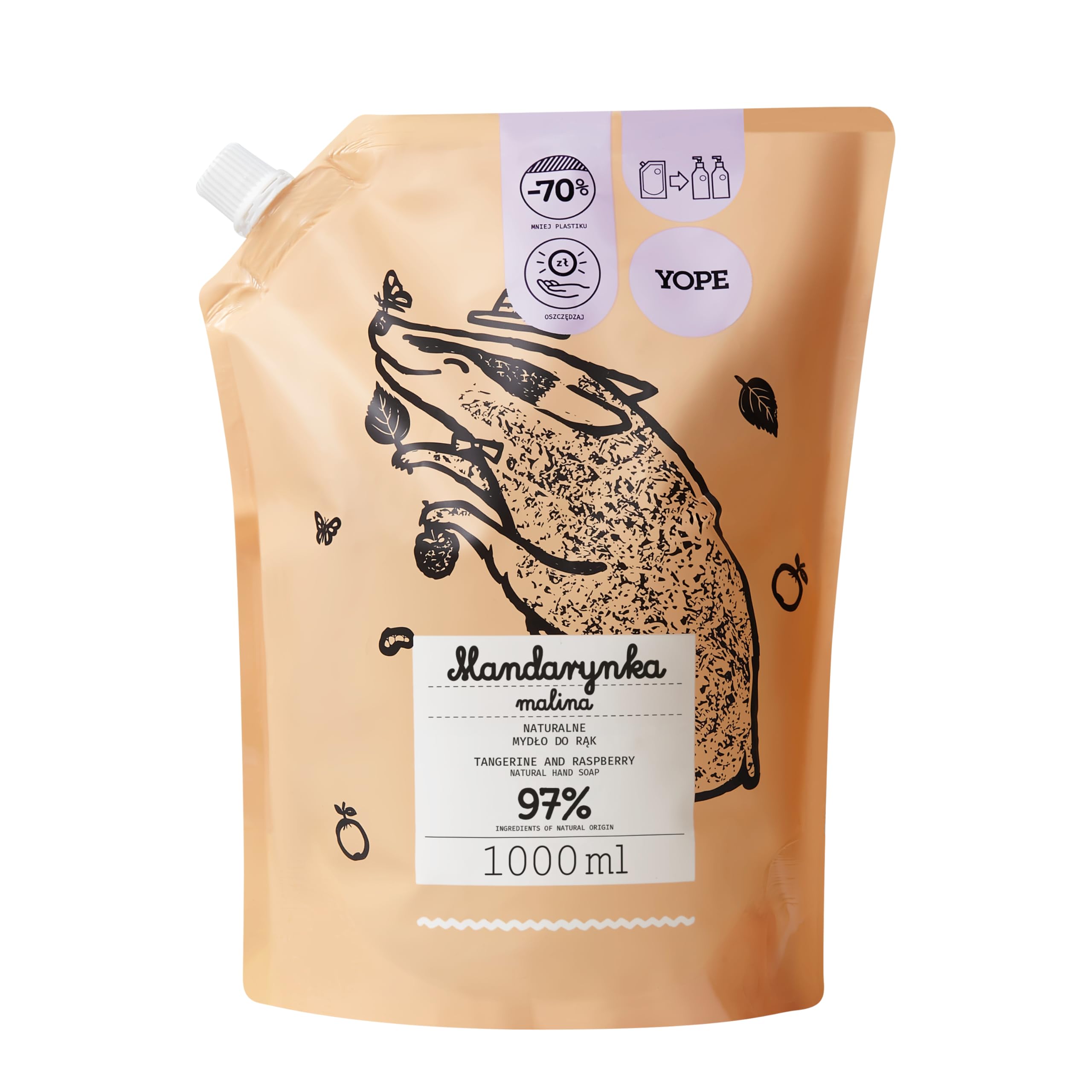YOPE Nachfüllpackung Handseife | Feuchtigkeitsspendend | Allantoin, Mandarinen- und Himbeerextrakt | 97 % Inhaltsstoffe natürlichen Ursprungs | Vegan | Duft: Mandarine-Himbeere | 1000 ml