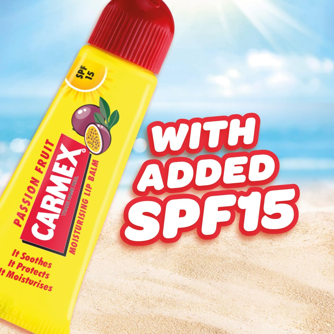Carmex Passion Fruit Lip Balm Tube with SPF 15 for Sun Protection and Repair 6