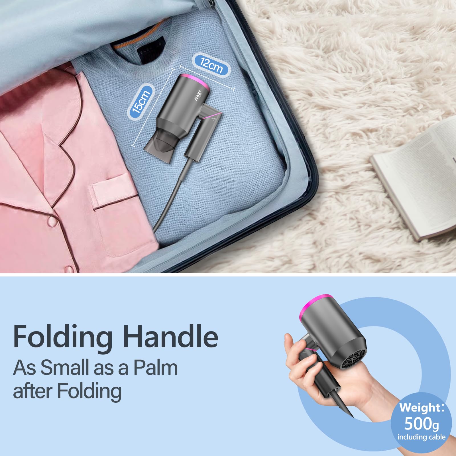 Reisehaartrockner für Damen und Herren – DEWILY Leistungsstarker, faltbarer Haartrockner mit Bügeln für lockiges und glattes Haar, kleiner Haartrockner für Damen und Herren, schnelles Trocknen 3