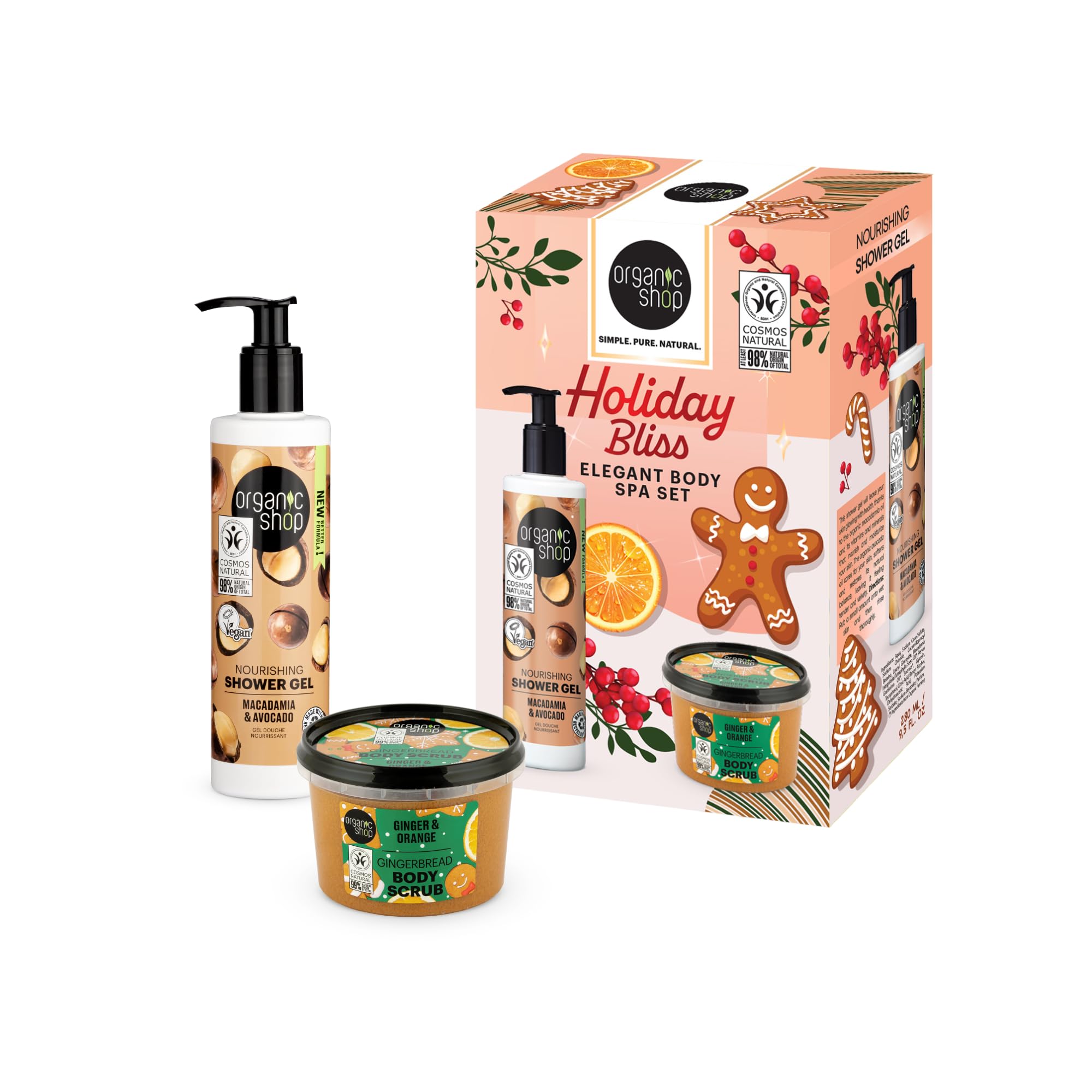 Organic Shop Holiday Bliss Unisex-Körperpflegeset mit Lebkuchenpeeling und Macadamia-Duschgel 3