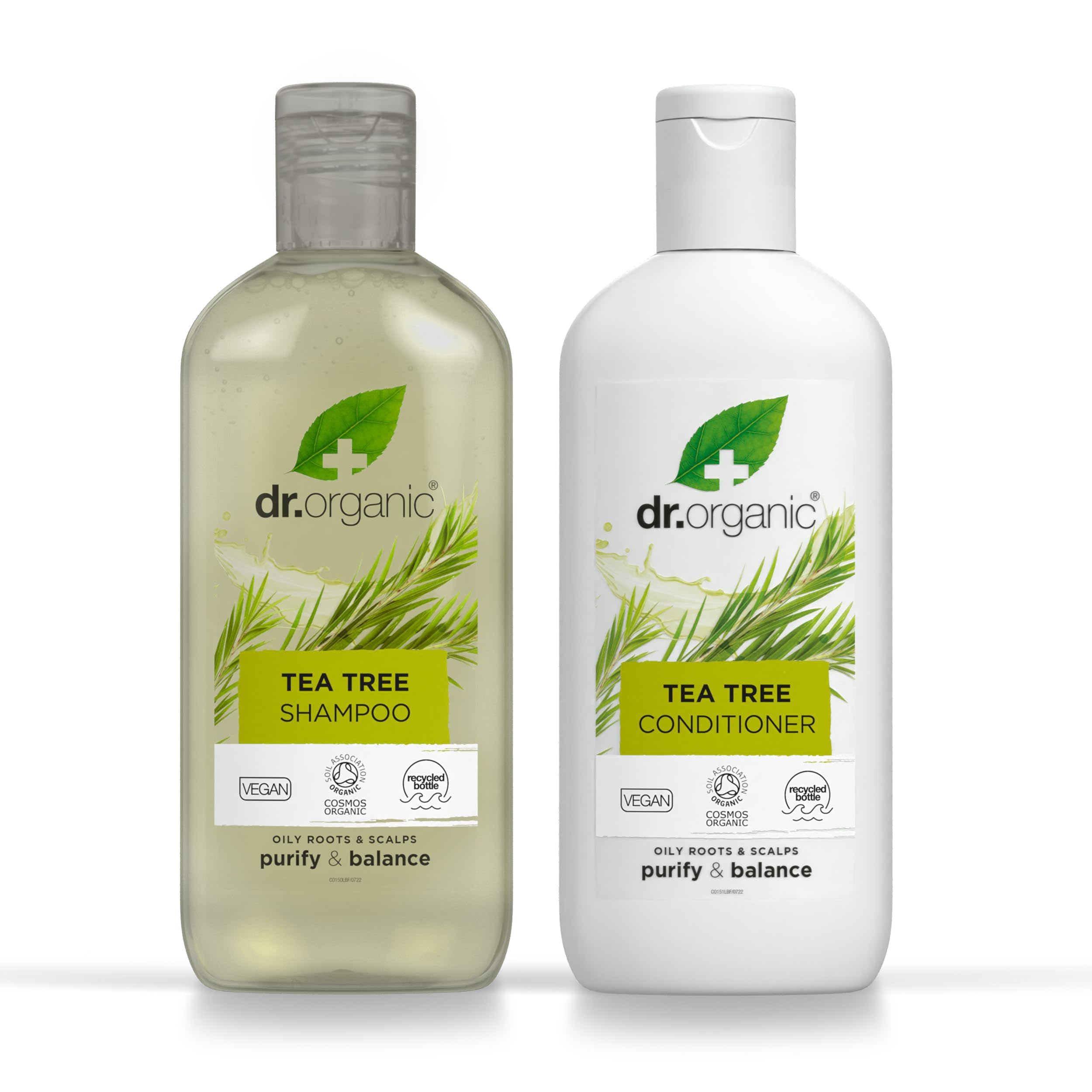 Dr. Organic Teebaum-Shampoo &amp; Spülung Set mit Reisetasche, reinigend, für fettiges Haar, natürlich, vegan, tierversuchsfrei, ohne Parabene und SLS, recycelbar und aus recyceltem, aus dem Meer stammendem Kunststoff, Bio, 265 ml
