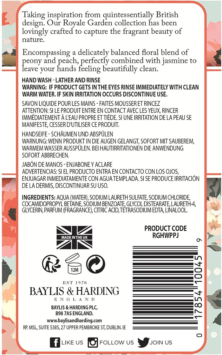Baylis & Harding Royale Garden Peach Peony & Jasmine Hand Wash, 500 ml, Pack of 6 6