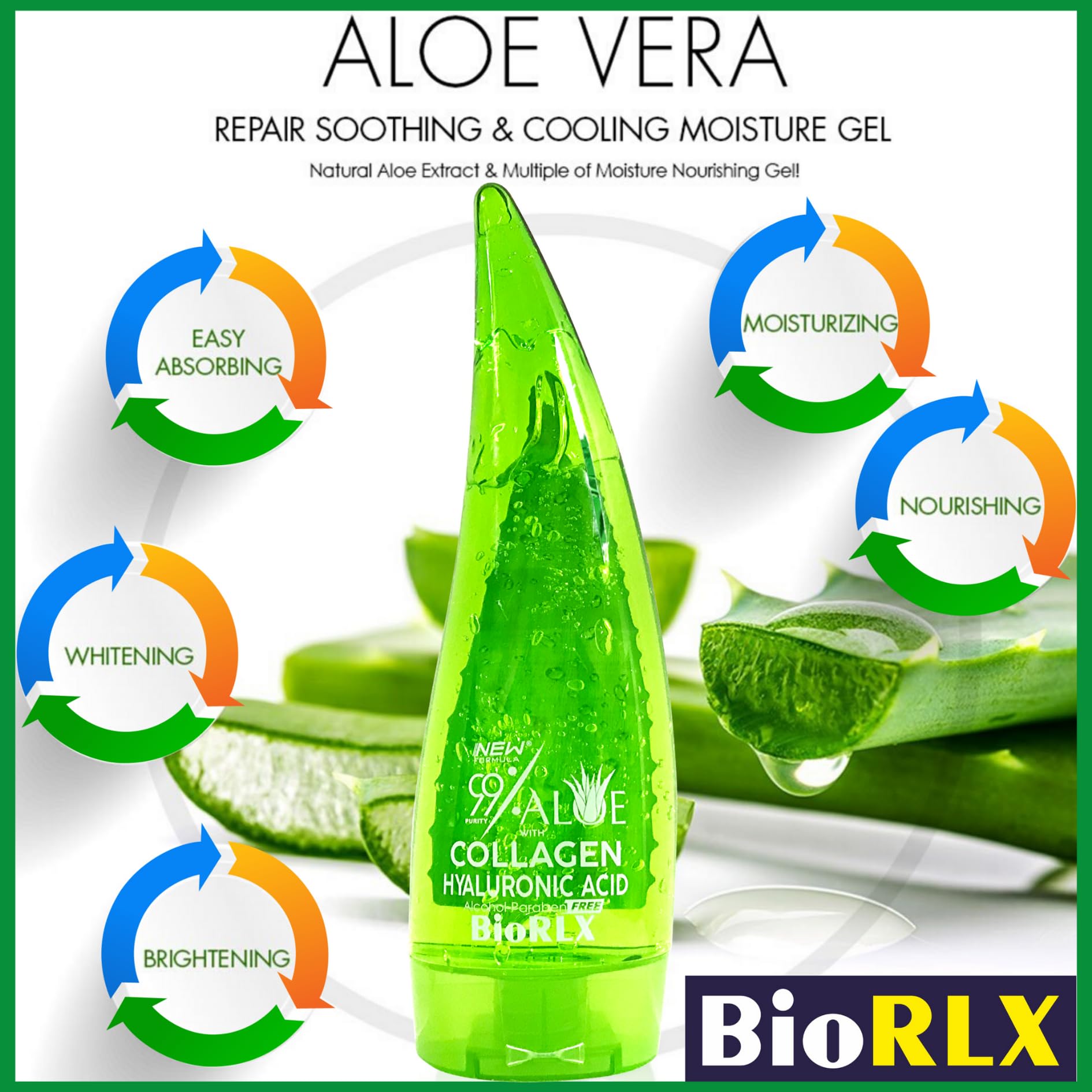 Biorlx Aloe Vera Gel mit 99 % Reinheit, Kollagen und Hyaluronsäure für Gesicht und Körper 3