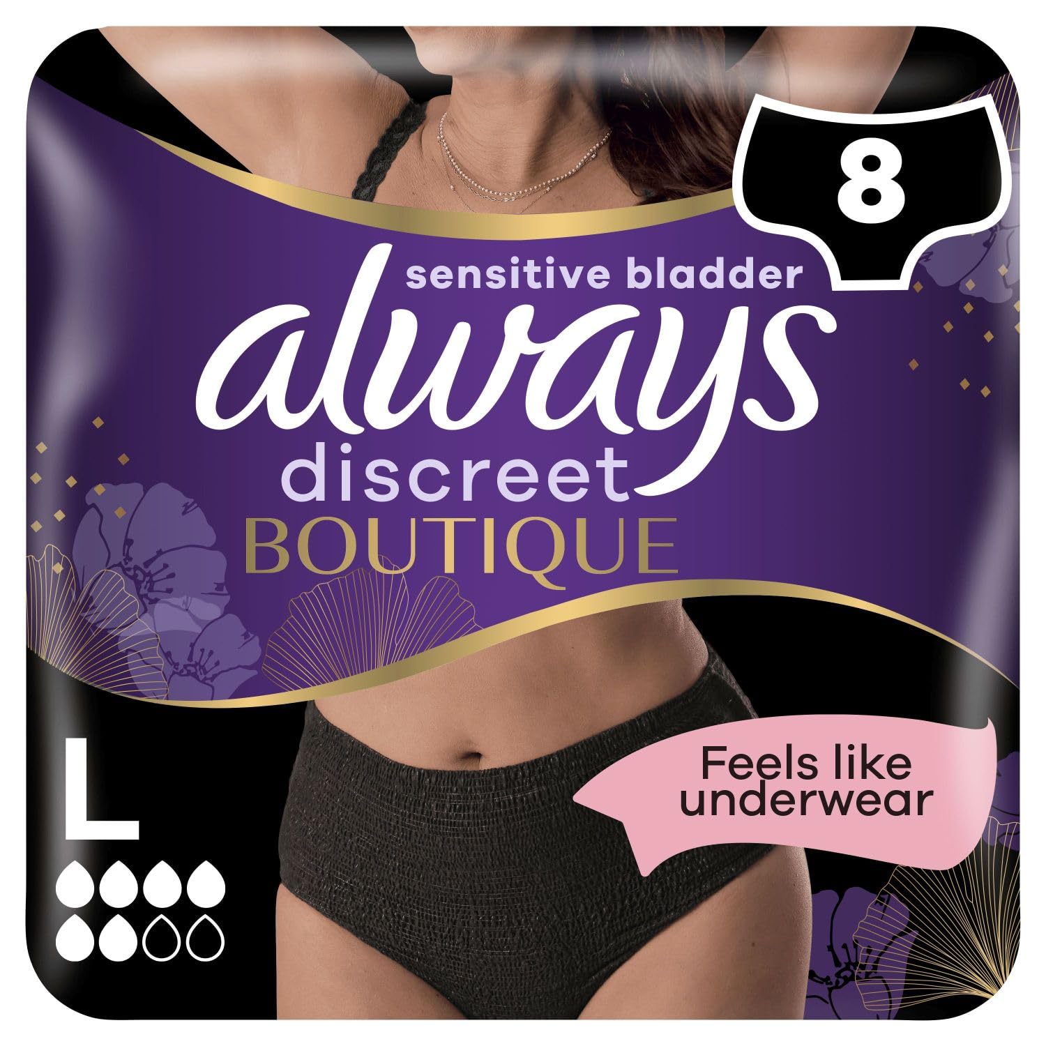 Always Discreet Boutique Incontinence Pants Plus L Black for Women (Pack of 8)