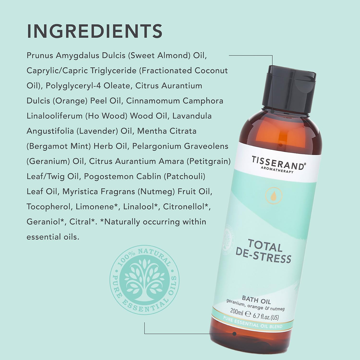 Tisserand Aromatherapy Total De-Stress Bath Oil with Orange, Geranium & Nutmeg 200ml 5