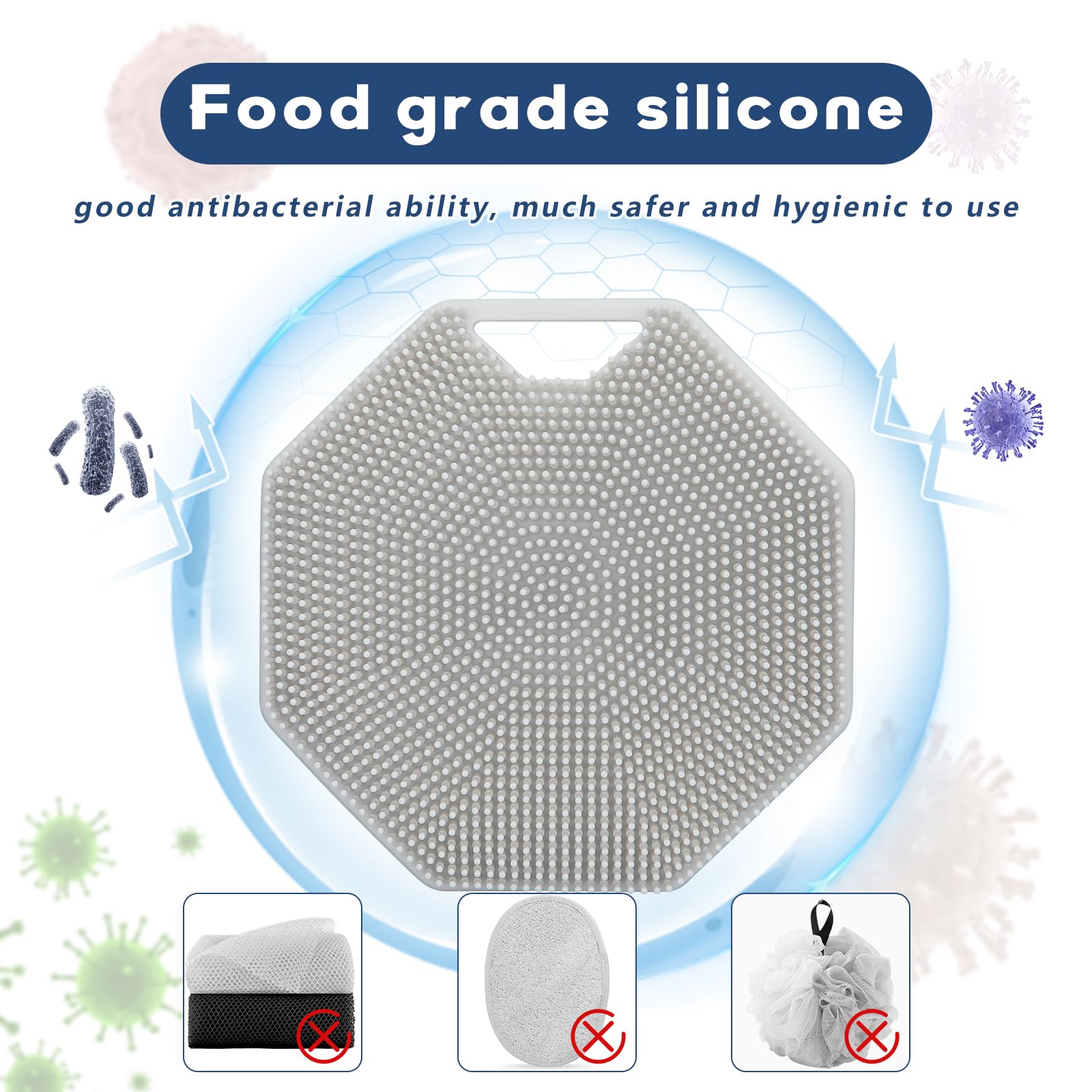 Alyvisun Silicone Body Scrubber with Hook and Suction for Gentle Exfoliation and Massage (Grey)