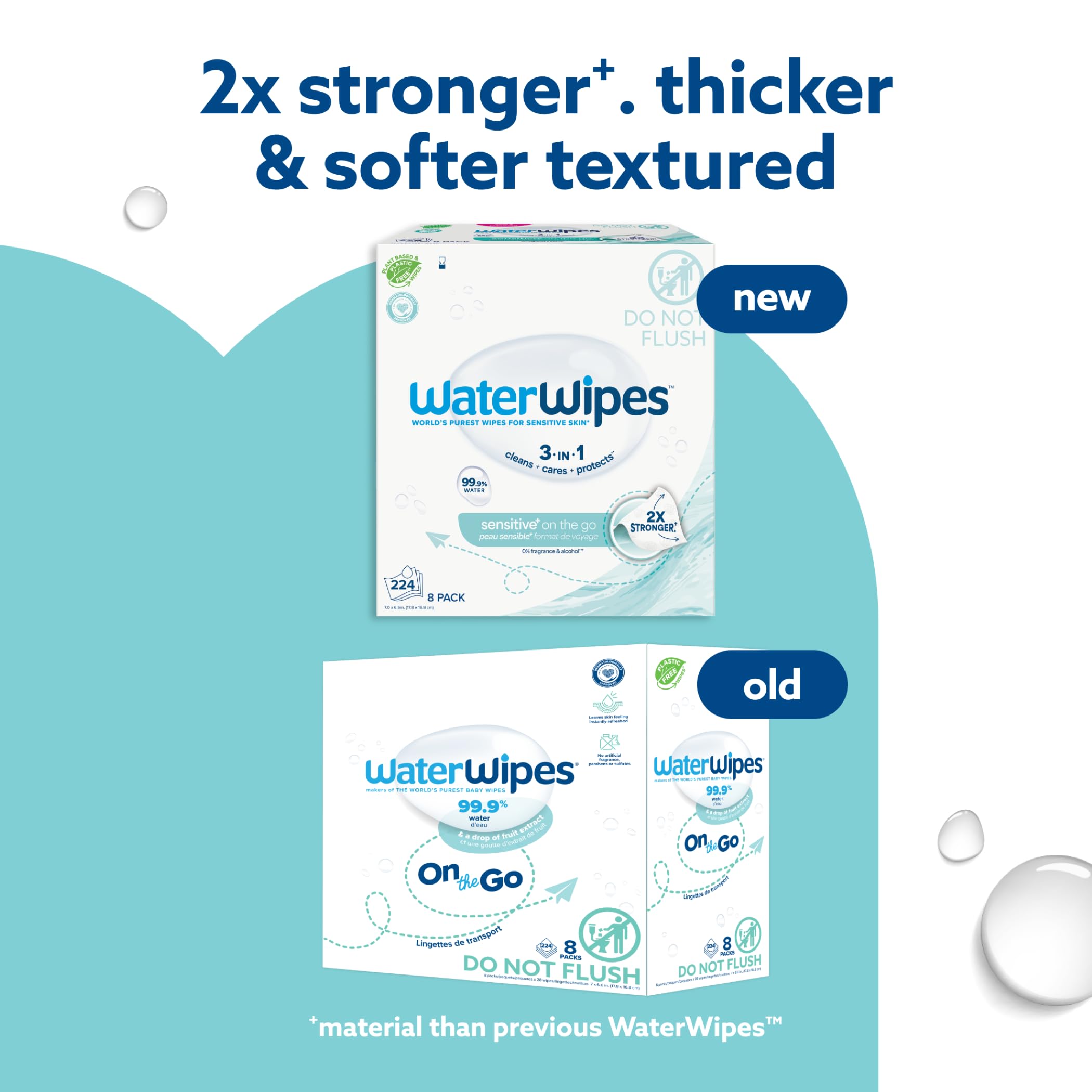 WaterWipes Sensitive+ On The Go Wipes, 224 Count (8 Packs) - 3-In-1 Skin Care 3