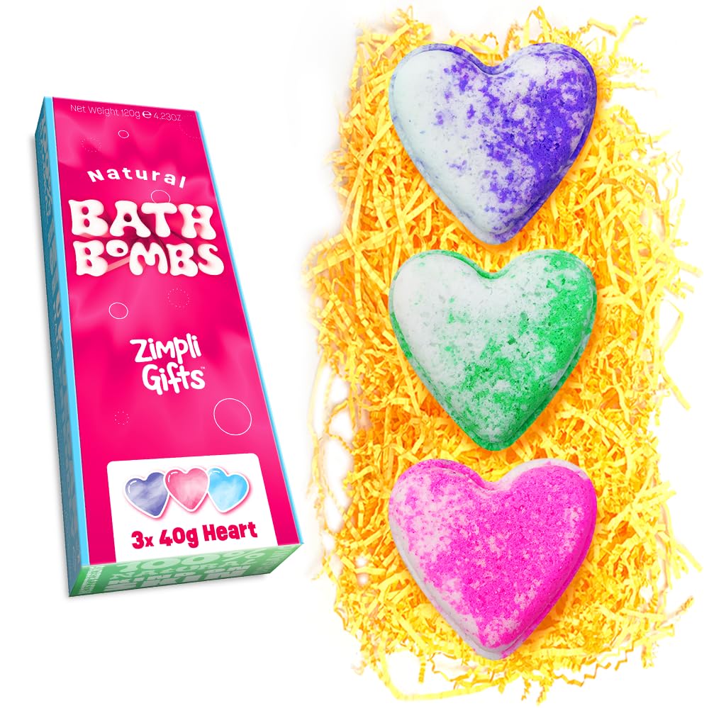 ZIMPLI 3 x UK Made Love Heart Bath Bombs Gift Set for Dry Skin