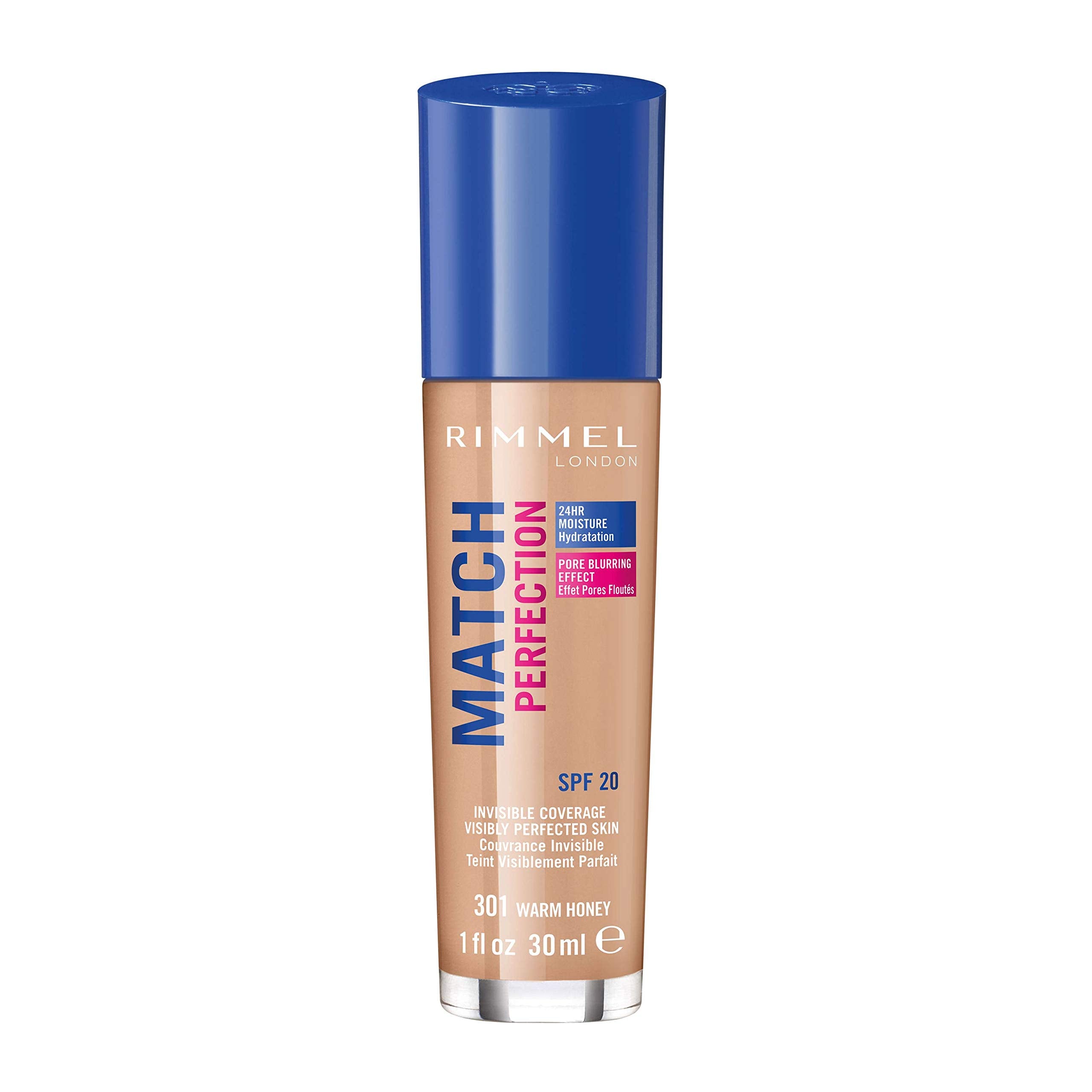Rimmel Match Perfection Foundation 301 Warm Honey - Medium Coverage, 24hr Hydration, SPF20
