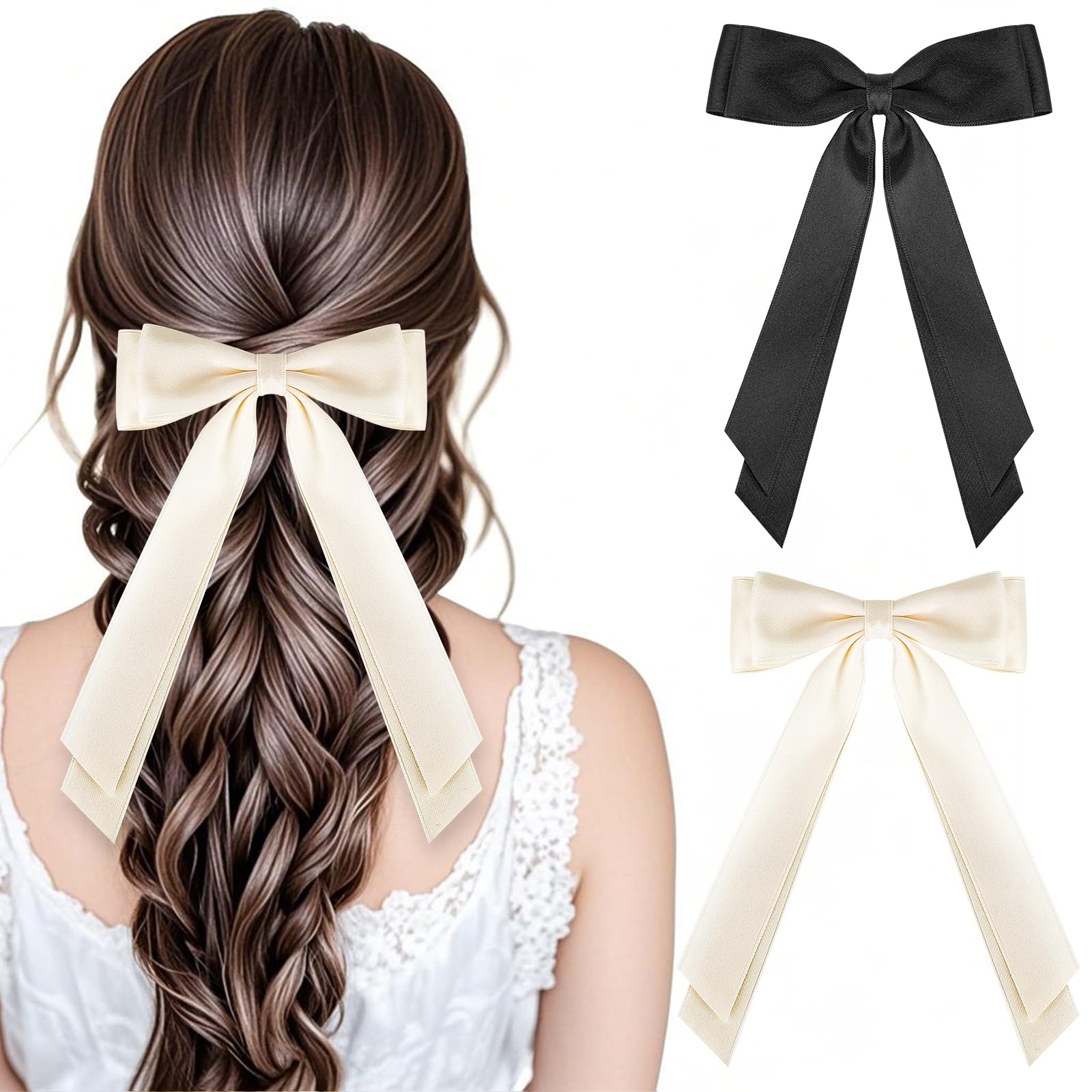 MOXYOY 2PCS Silky Satin Bow Hair Clip Set with Long Ribbon for Girls and Women (Black + Milky White)