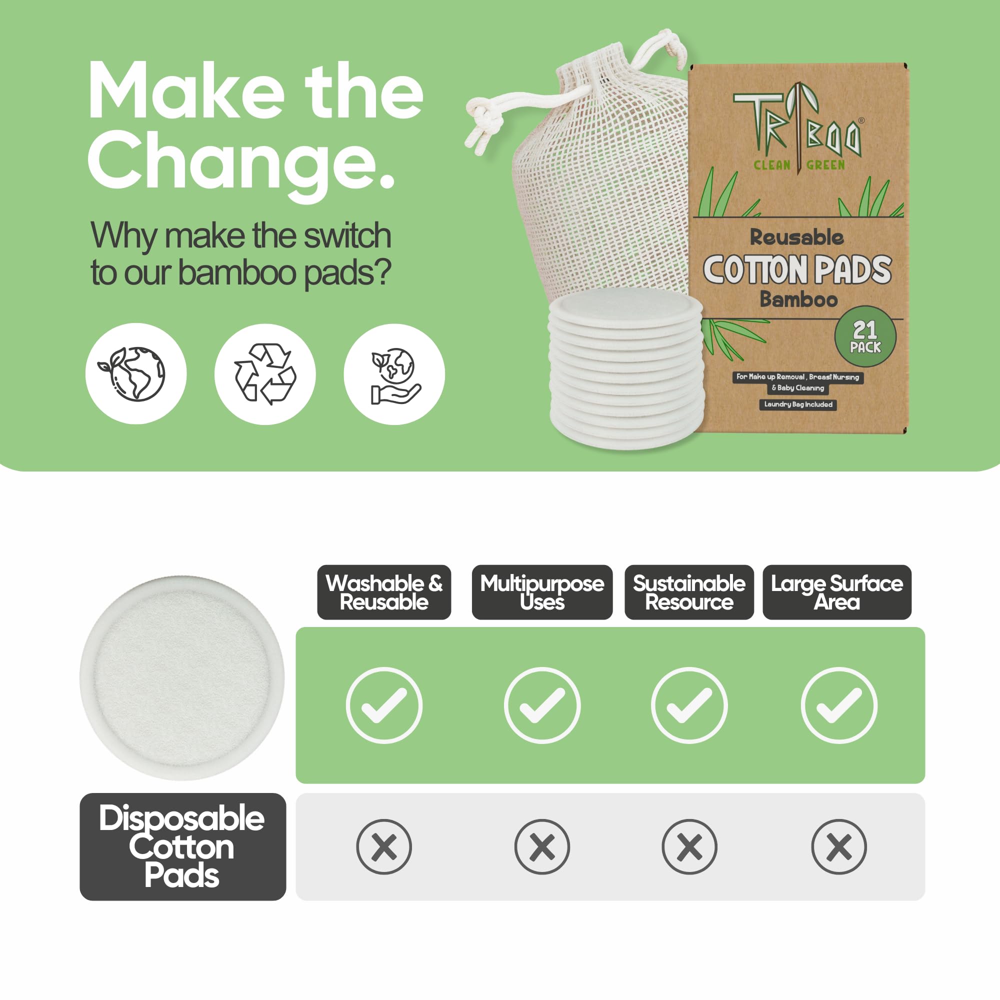 TRIBOO (21er-Pack) Wiederverwendbare Wattepads, superweiche Bambus-Wattepads 5