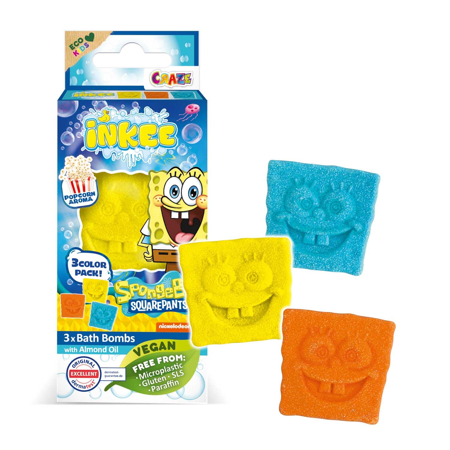 INKEE SpongeBob Kids Mini Bath Bomb Pack (3-Pack) – Popcorn Scented Fizz
