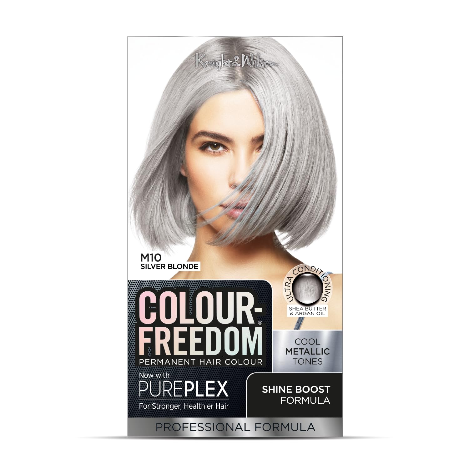 Colour Freedom Metallic Silberblond Permanente Haarfarbe mit PurePlex. Ultraglänzende, pflegende Haarfarbe. 100 % Grauabdeckung. Von Knight &amp; Wilson. 1