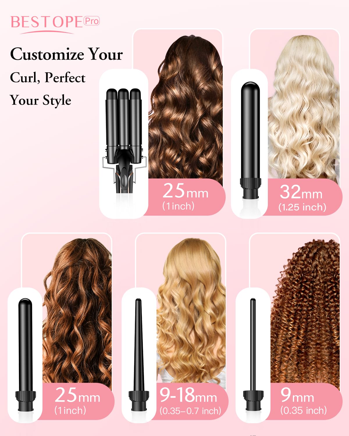 BESTOPE PRO 5-in-1 Ceramic Hair Curler Wand Set (9-32mm) with 2 Temperature Controls for All Hair Types