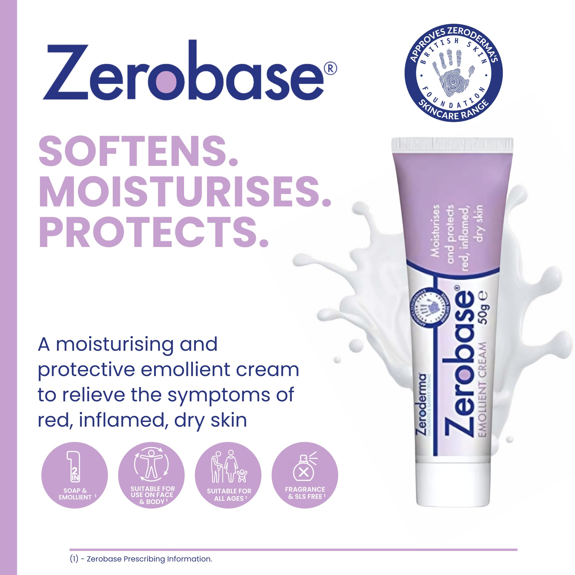 Zeroderma Zerobase Emollient Cream 2-in-1 Moisturiser & Soap Substitute for Dry Skin 3