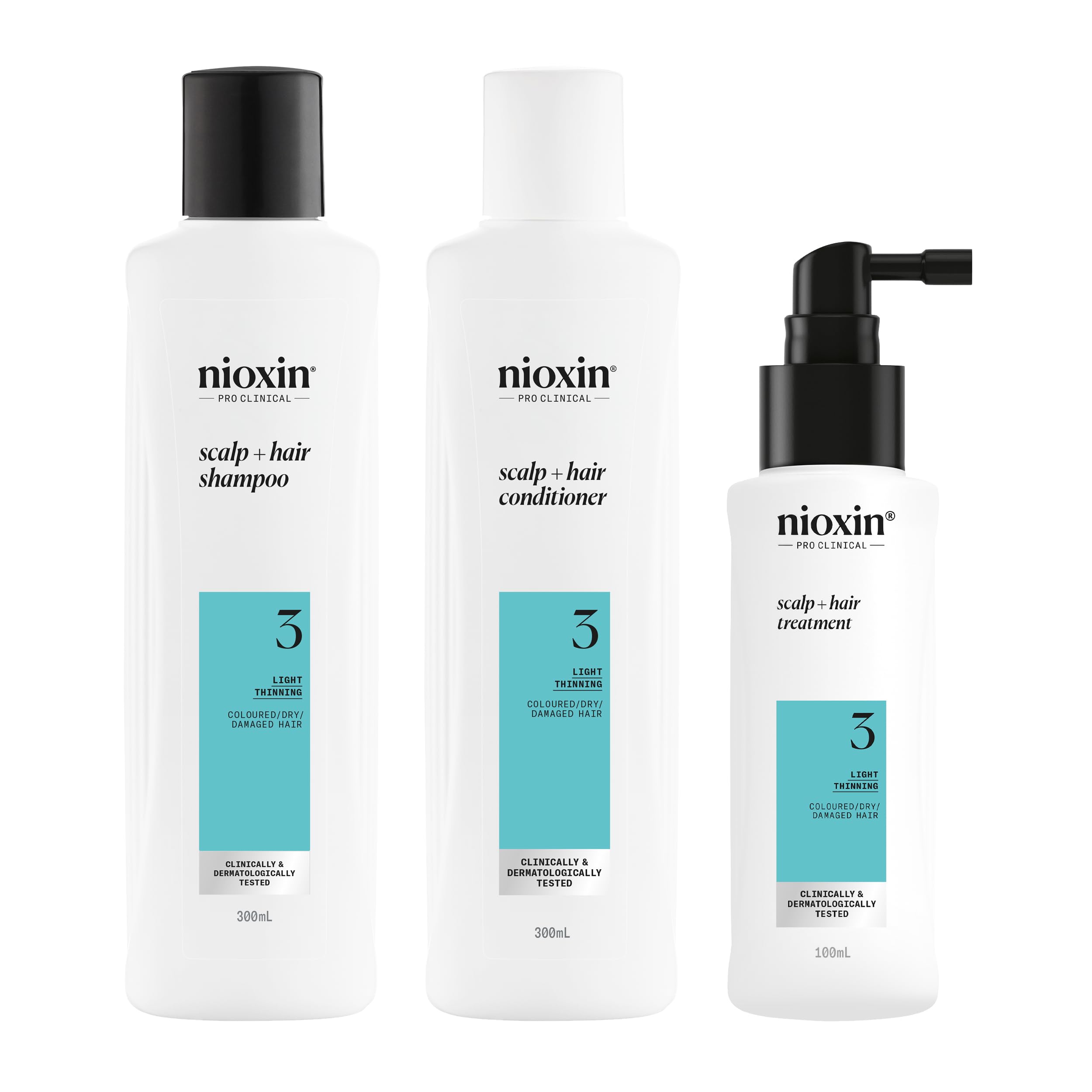 Nioxin Scalp + Hair Thickening System 3 Loyalty Kit – Haarverdichtungssystem für coloriertes, trockenes und geschädigtes Haar mit leichtem Haarausfall – Shampoo, Spülung und Kopfhautbehandlung, 300 + 300 + 100 ml