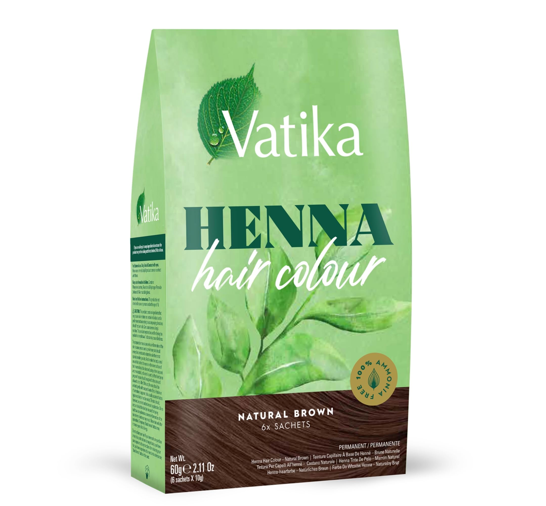 Vatika Henna Natural Brown Hair Colour - 60g (6 x 10g Sachets), 100% Ammonia Free