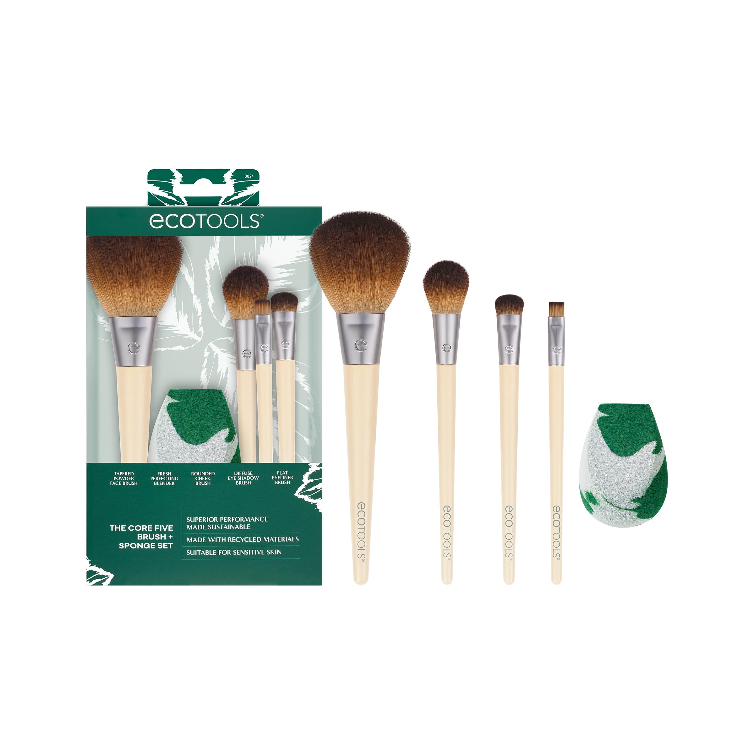 EcoTools Core Five Makeup Brush and Sponge Kit with Powder, Cheek, Shadow, Liner Brushes