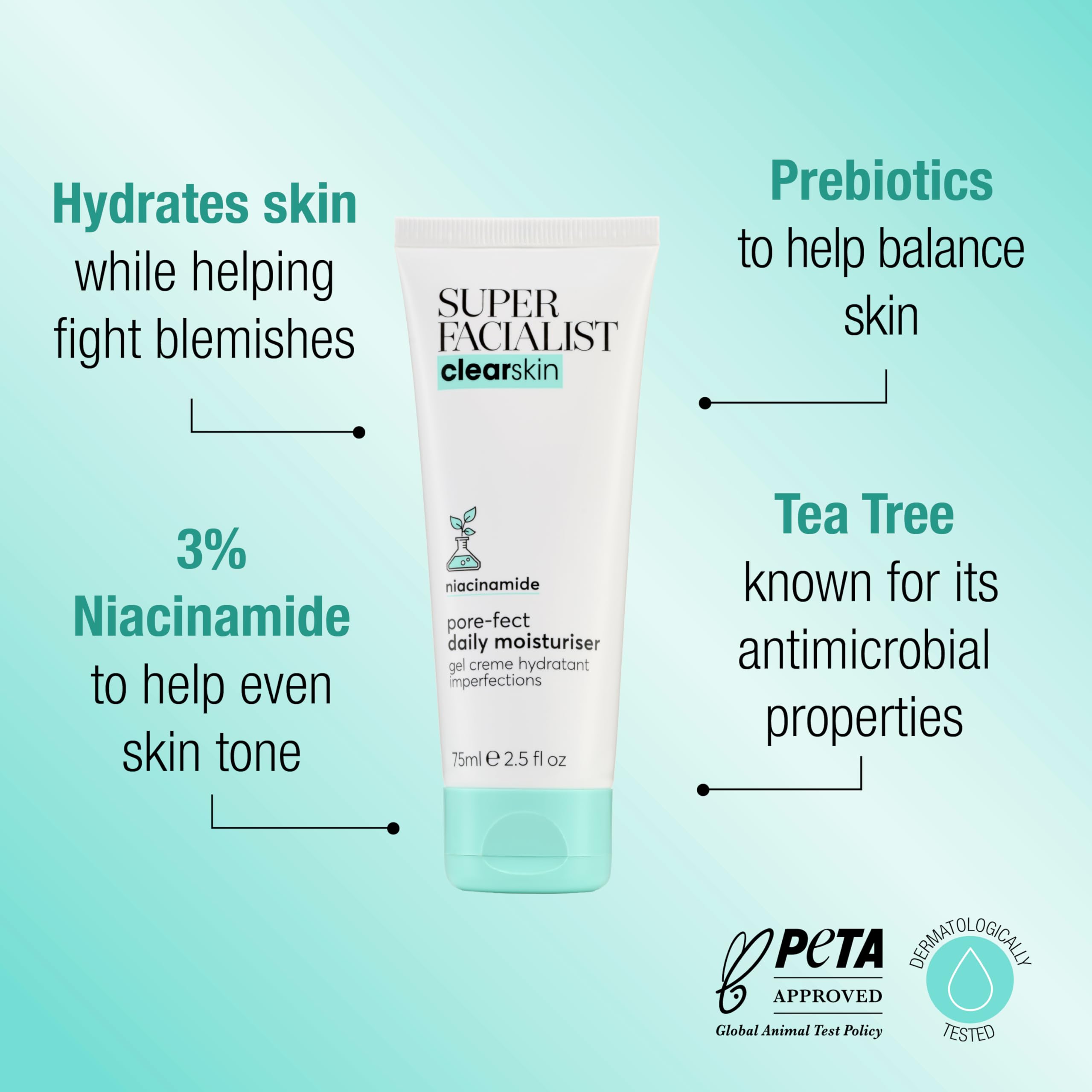 Super Facialist Pore-Fect Daily Moisturiser with 3% Niacinamide, Tea Tree Oil & Prebiotics, 75ml