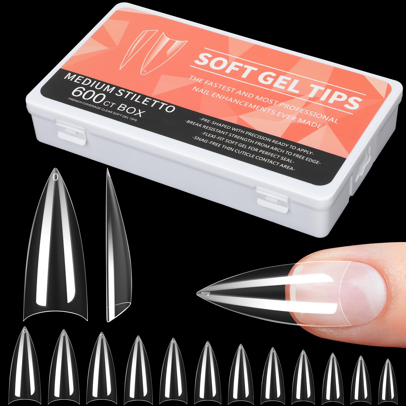 Alyvisun 600 Pcs Long Stiletto Half Cover Soft Gel Nail Tips - Clear ABS Material