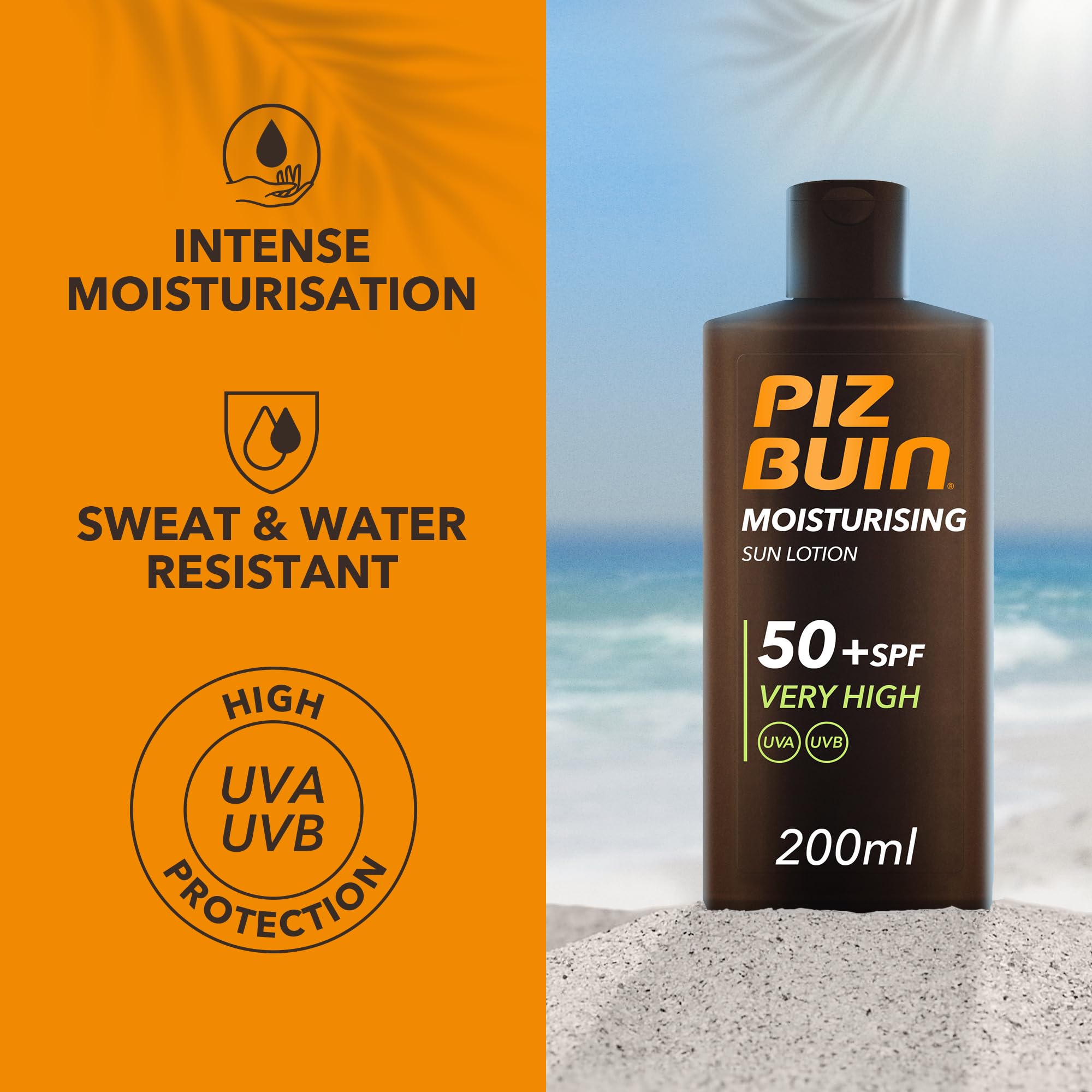Piz Buin Moisturising Sun Lotion SPF 50+ (200ml) - Triple Resistance UVA/UVB Protection
