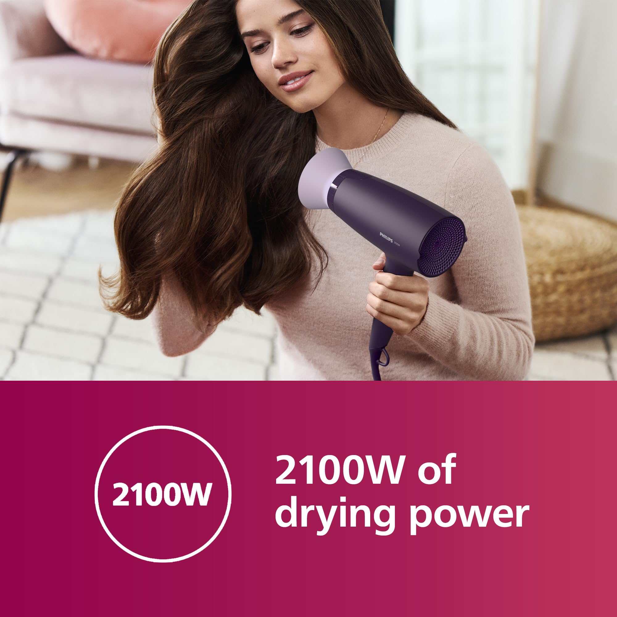 Philips Hair Dryer 3000 Series with ThermoProtect Attachment, 2100W Power 3