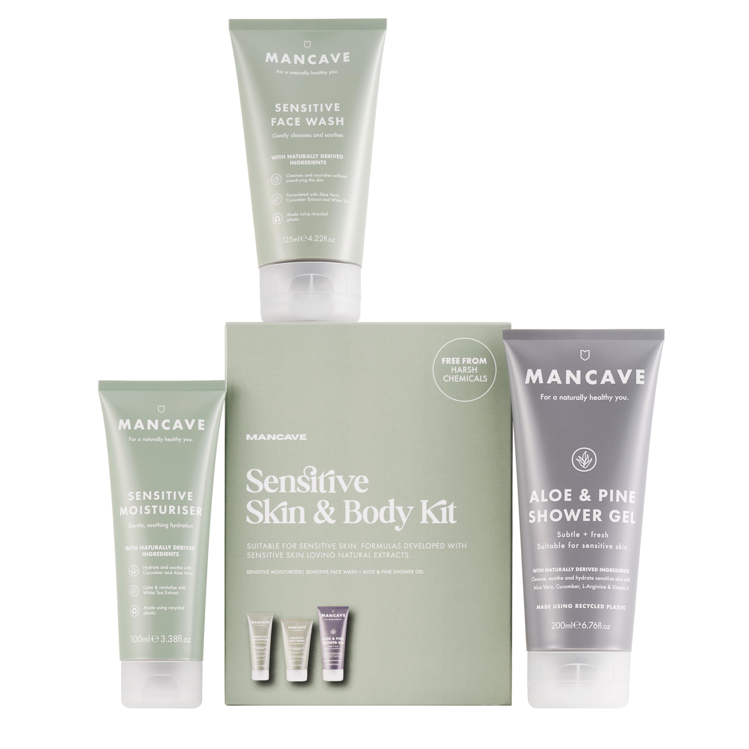 ManCave Sensitive Skin & Body Gift Set: Face Wash, Moisturiser, and Shower Gel