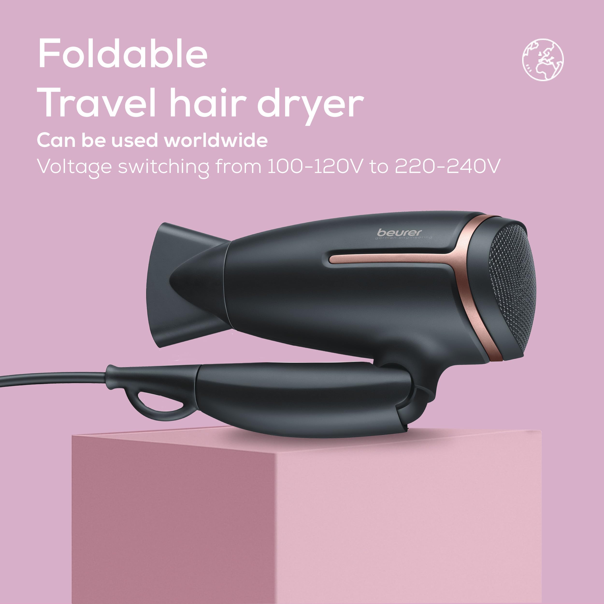 Beurer HC 25 Travel Hair Dryer 1600W with Ion Function, Foldable, Dual Voltage