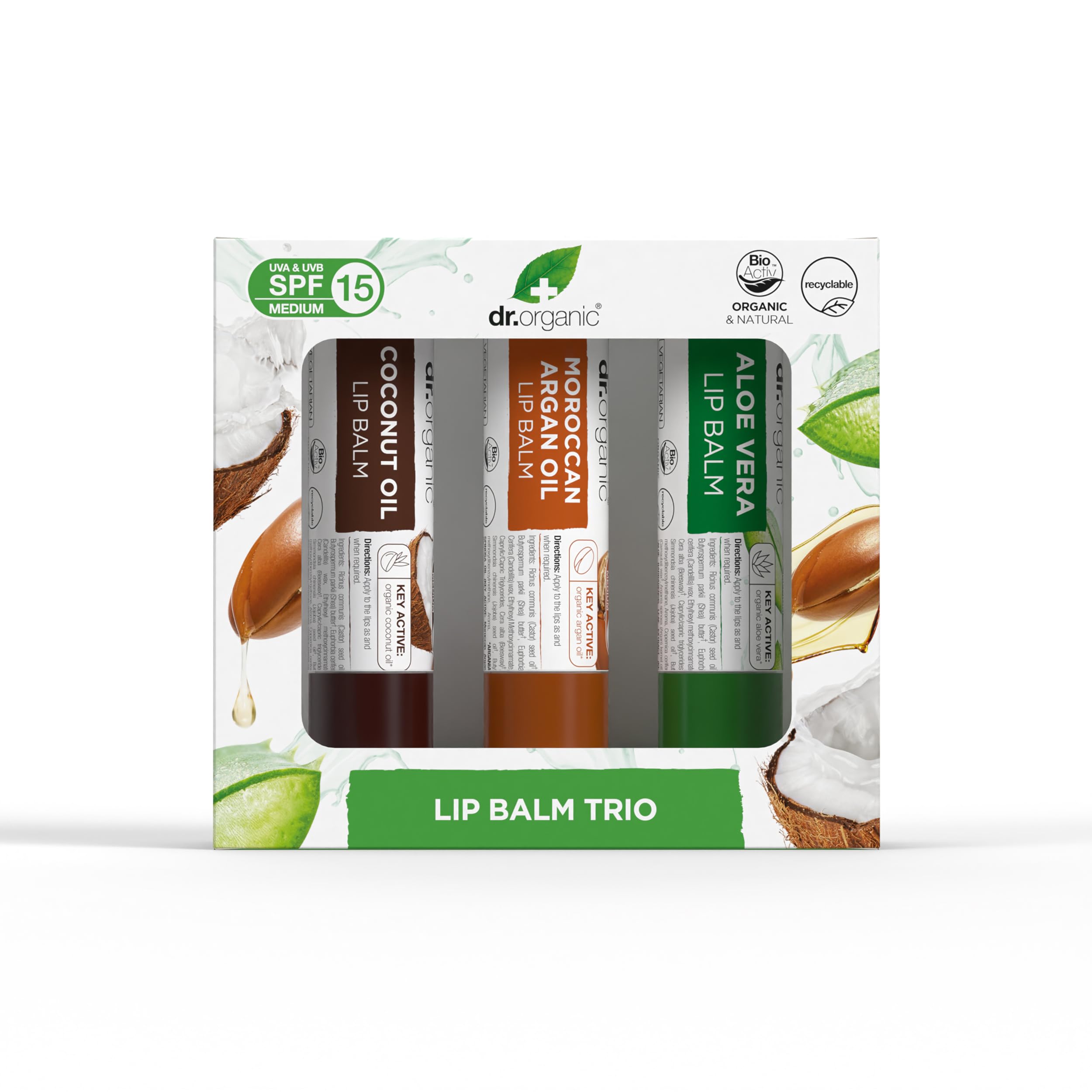 Dr Organic Moisturising Lip Balm Gift Set with Aloe Vera, Argan Oil & Coconut Oil SPF 15