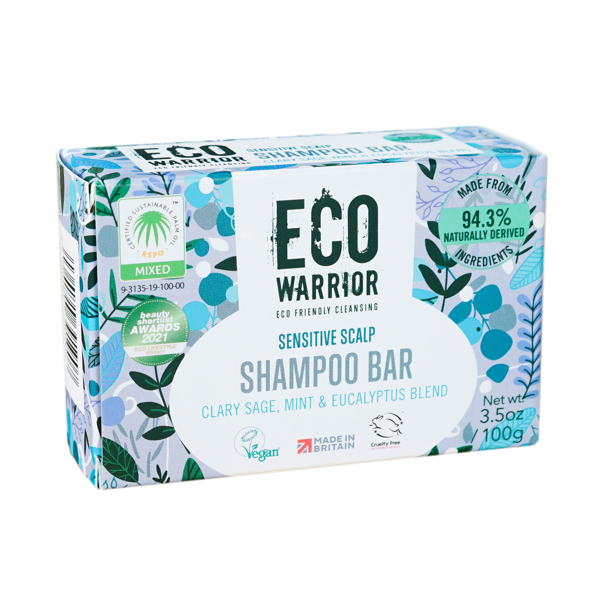 Eco Warrior Sensitive Shampoo Bar – Vegan, tierversuchsfrei, ohne SLS und Parabene, mit tiefenwirksam pflegender weißer Tonerde und Muskatellersalbeiöl, natürlicher Minze und Eukalyptus – Umweltfreundlich, 100 g