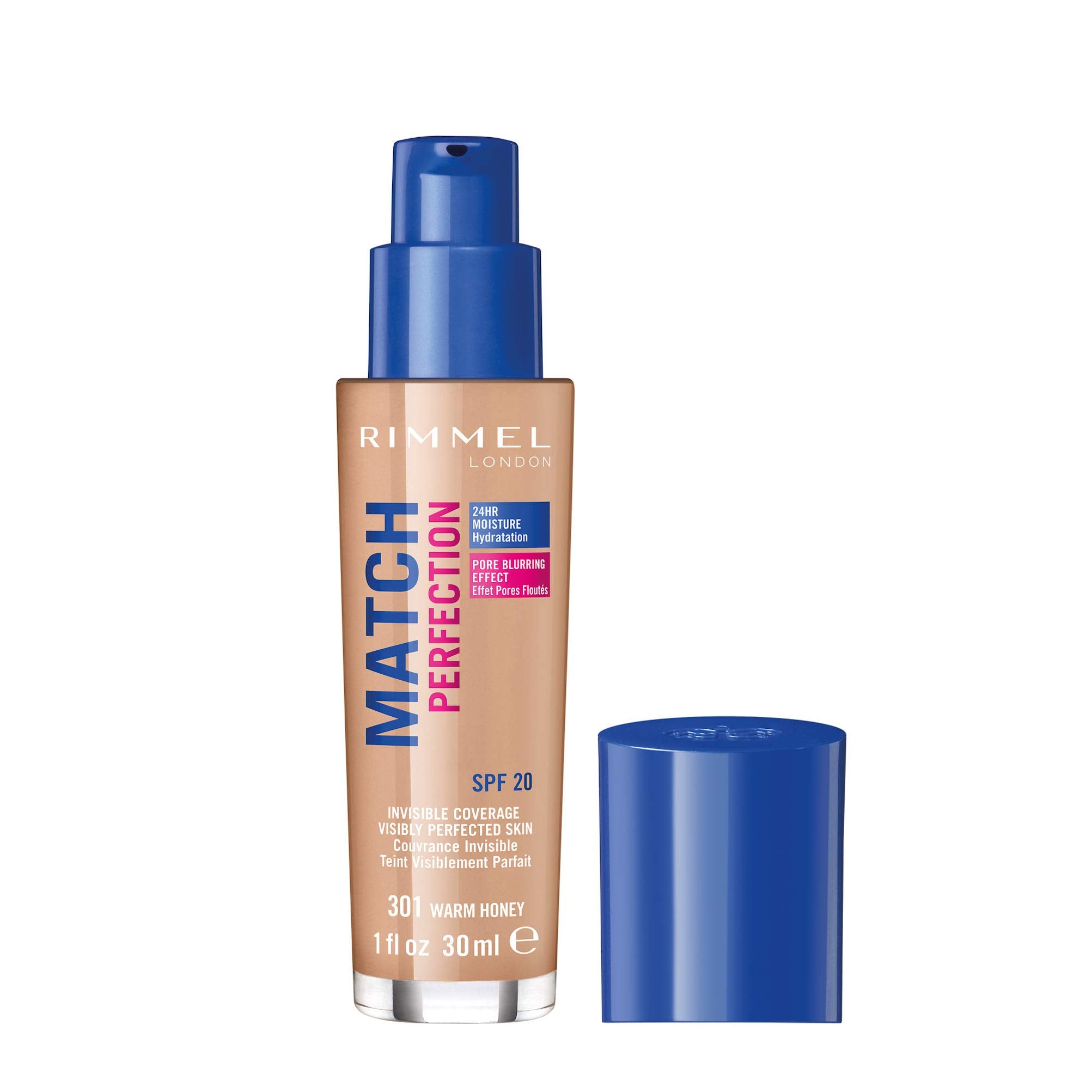Rimmel Match Perfection Foundation 301 Warm Honey - Medium Coverage, 24hr Hydration, SPF20