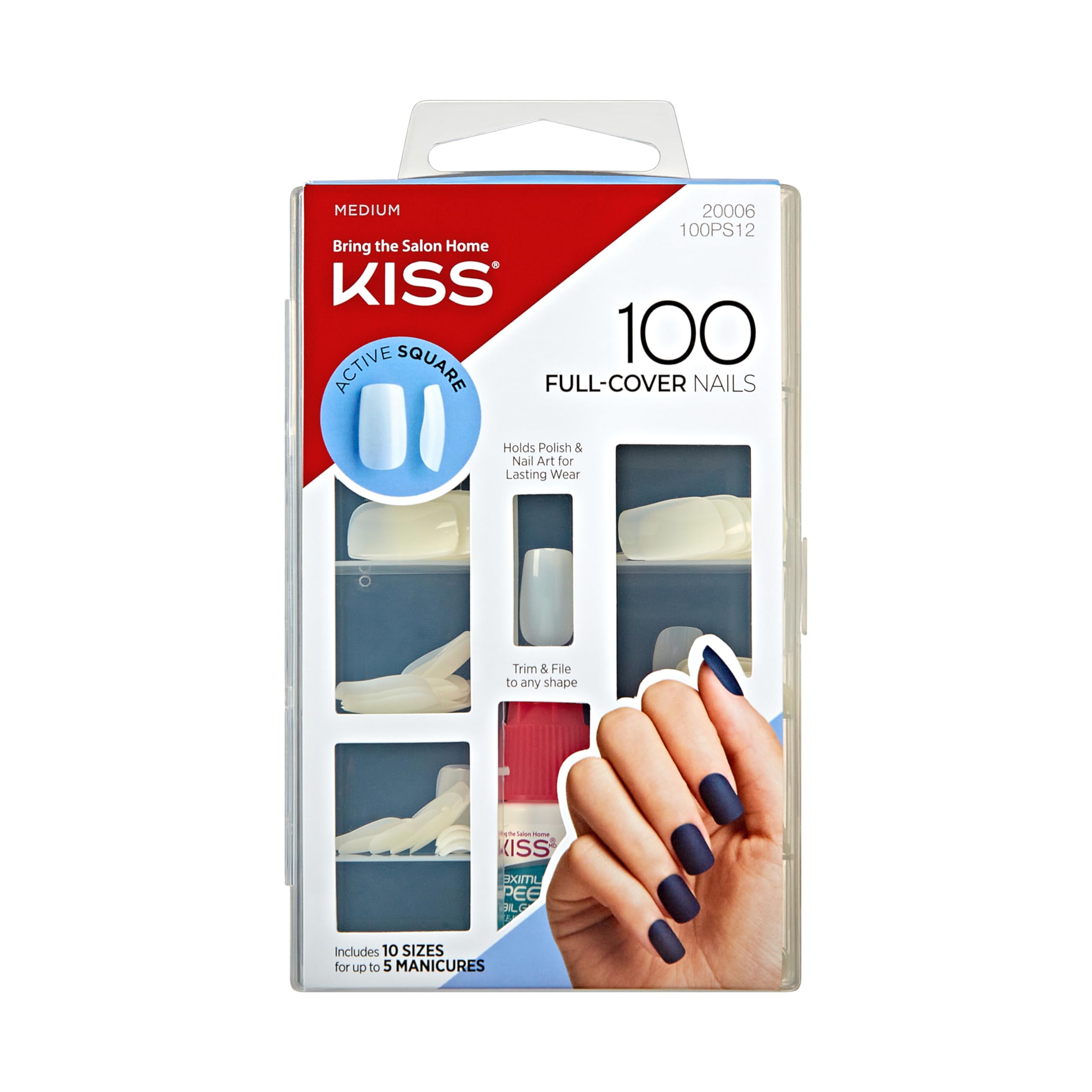 KISS Active Square Full Cover Artificial Nails - 100 Count Pack