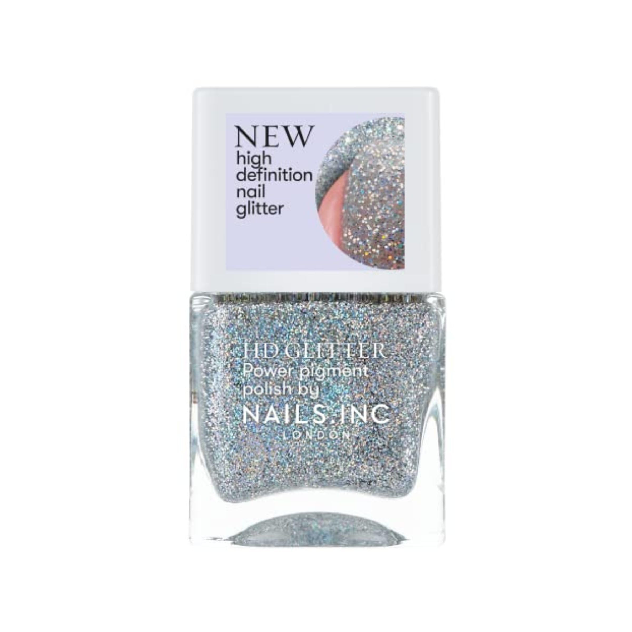 Nails Inc HD Glitter Nail Polish in Ring Light Ready Silver Metallic Glossy