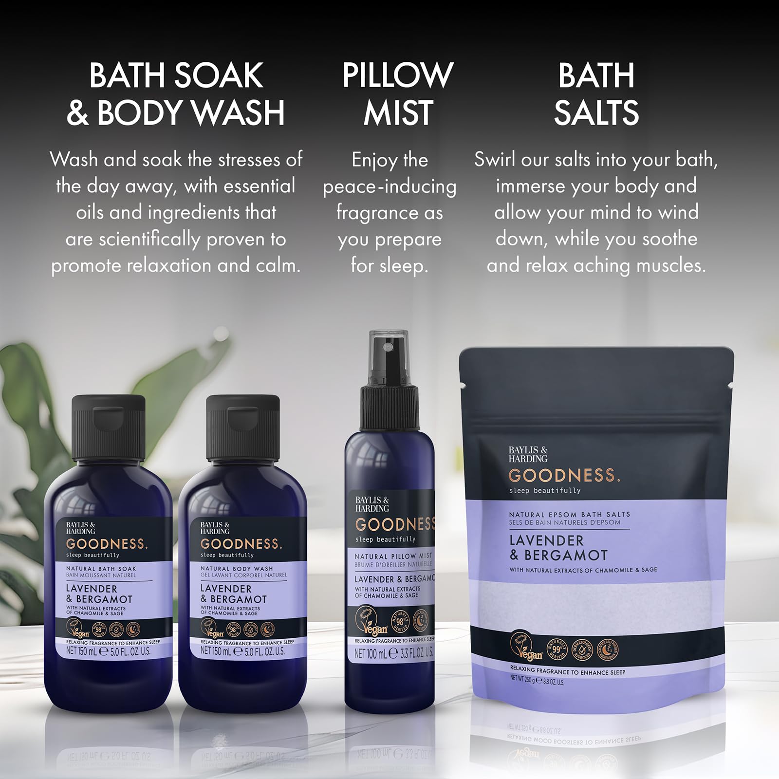 Baylis & Harding Goodness Sleep Lavender & Bergamot Gift Set with Bath Soak & Pillow Mist 3
