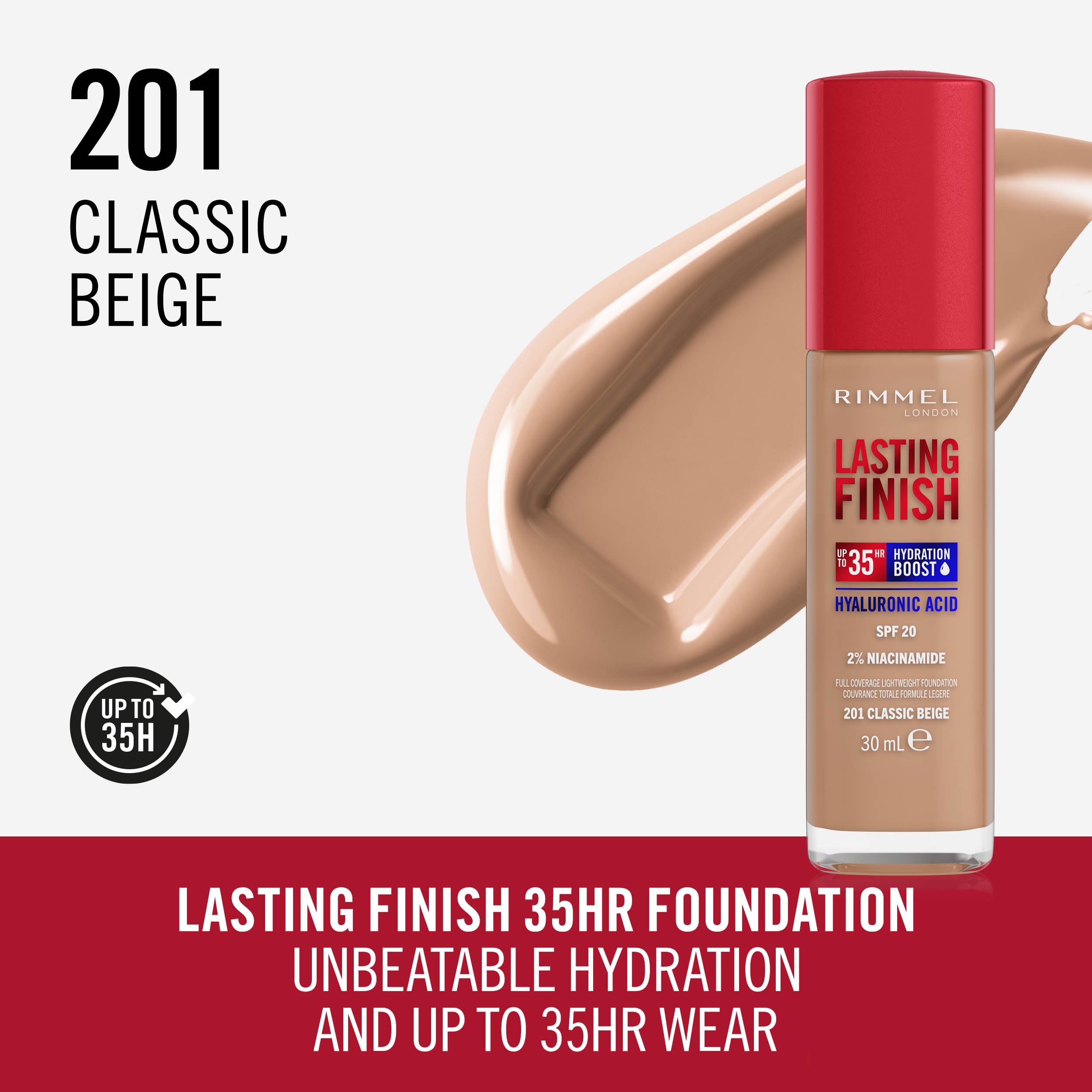 Rimmel Lasting Finish 35Hr Foundation 201 Classic Beige - Full Coverage, Hydrating, SPF20