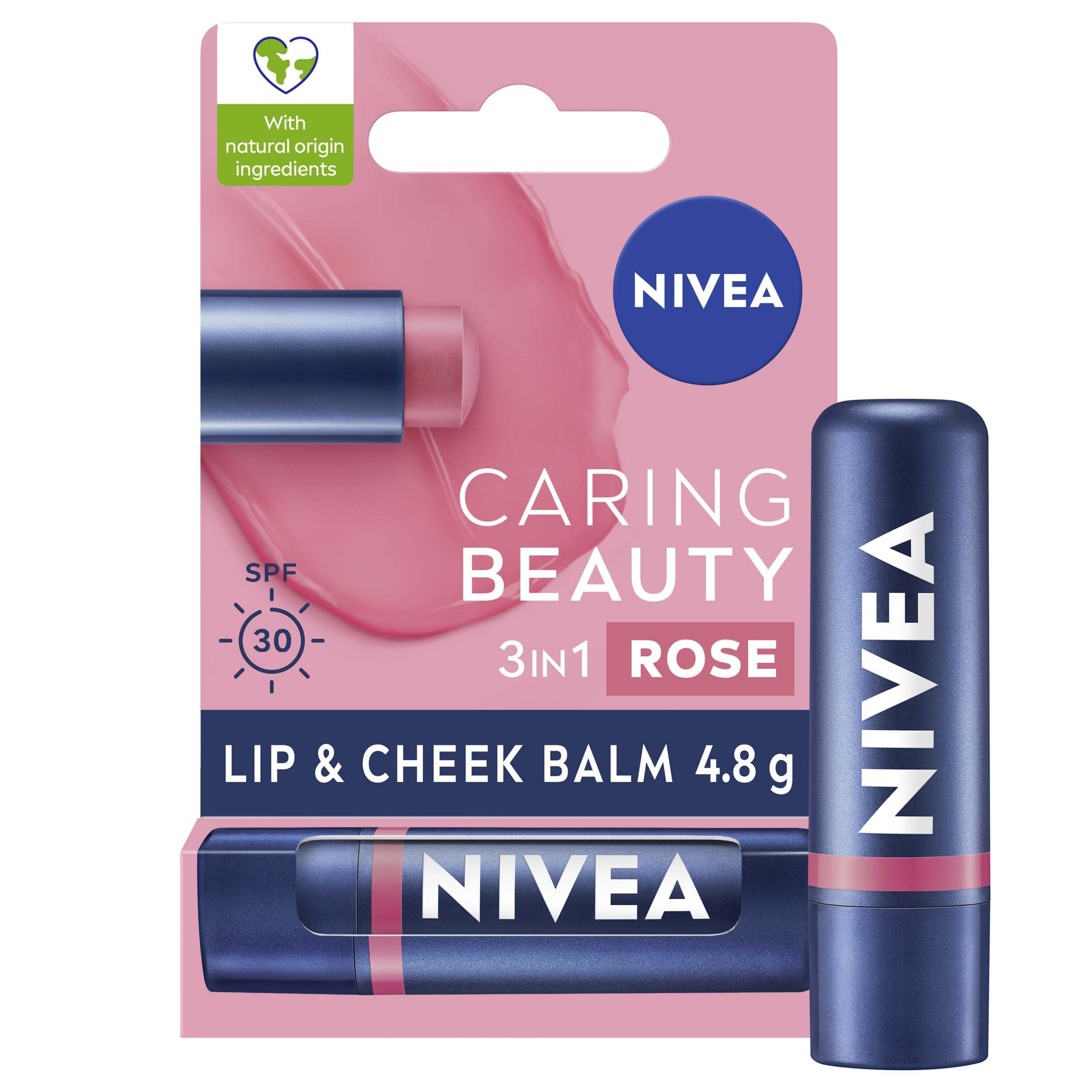 NIVEA Caring Beauty Rose Nude Lip Balm SPF30 - 3-in-1 Moisturizing Lip and Cheek Tint