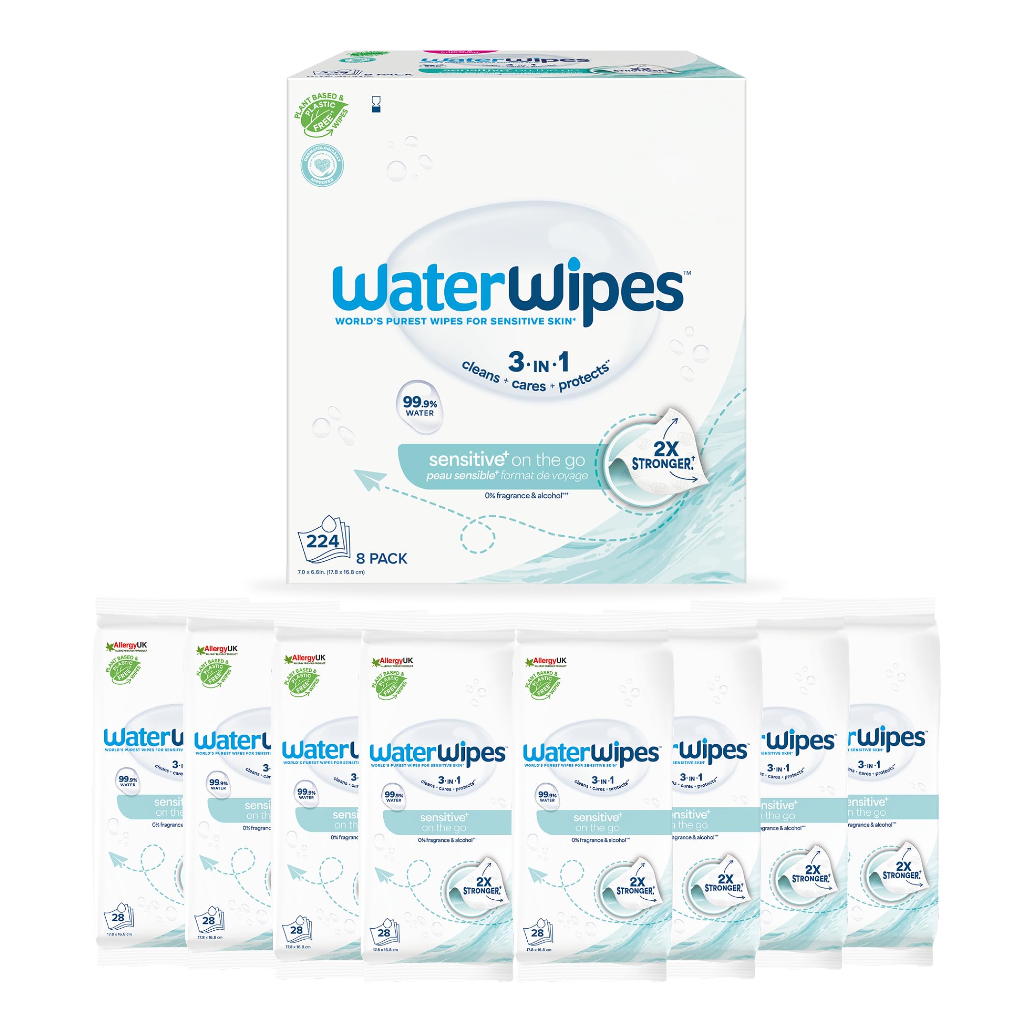WaterWipes Sensitive+ Reinigungstücher für unterwegs, 224 Stück (8 Packungen), 3-in-1-Reinigung