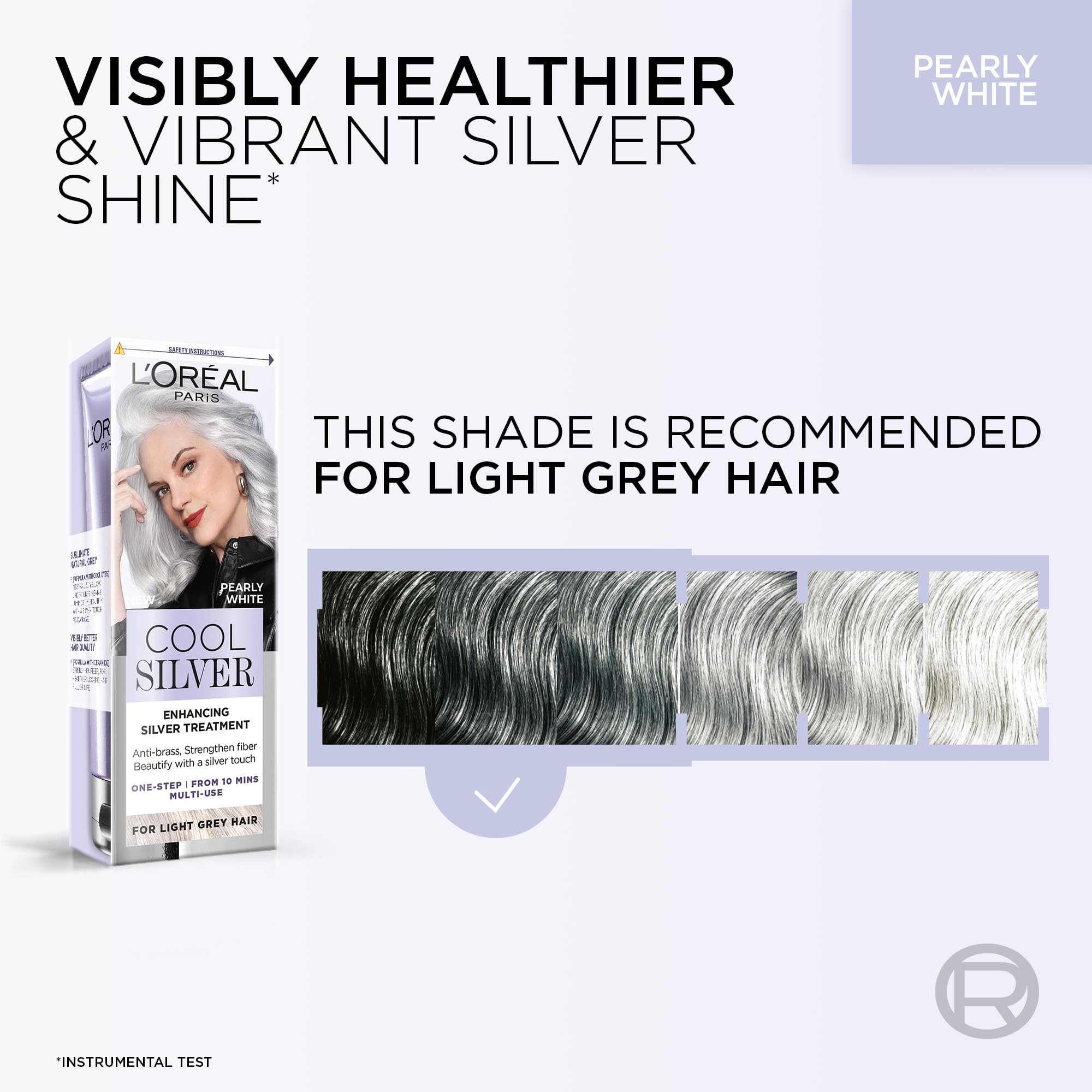 L'Oréal Paris Cool Silver Pearly White, unsere erste Farbauffrischungskur für natürlich graues Haar, semi-permanente Farbe, angereichert mit kühlenden Farbstoffen und Ceramiden 7