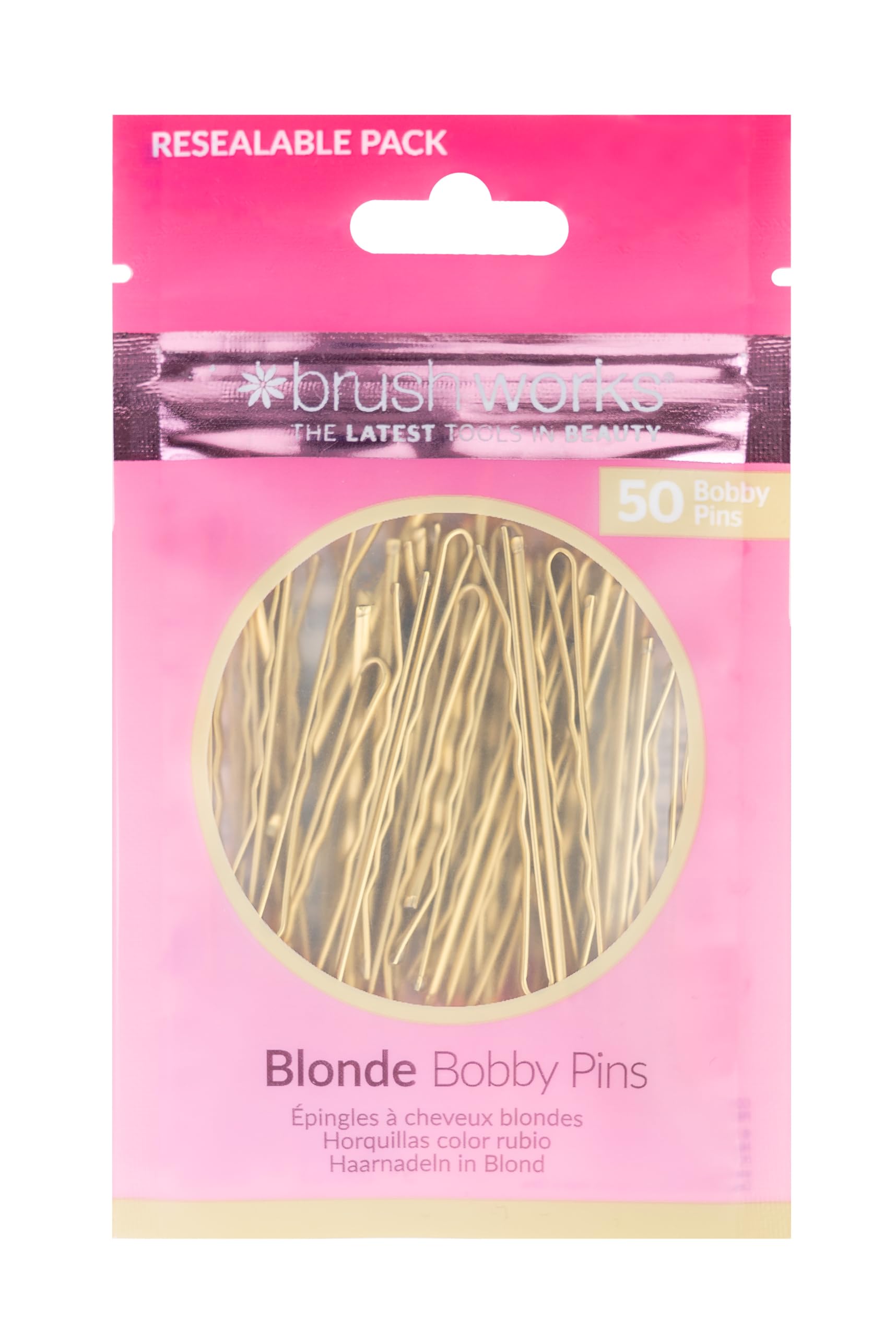 Brushworks Blonde Bobby Pins 50-Pack - Secure Hold Hair Pins for Updos and Flyaways