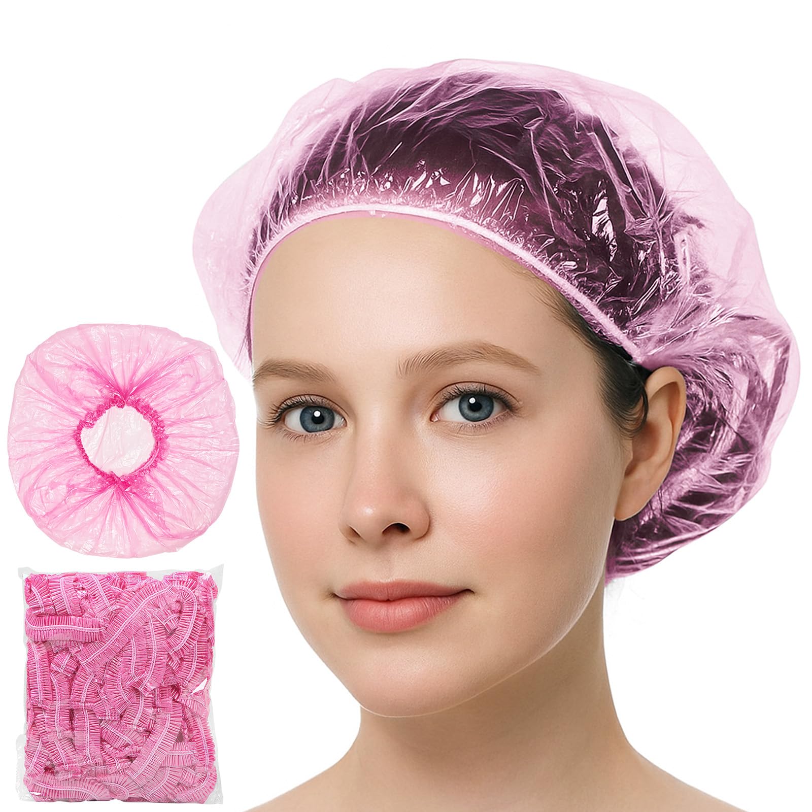 Lafefe 100PCS Disposable Waterproof Plastic Shower Caps for Women - Pink