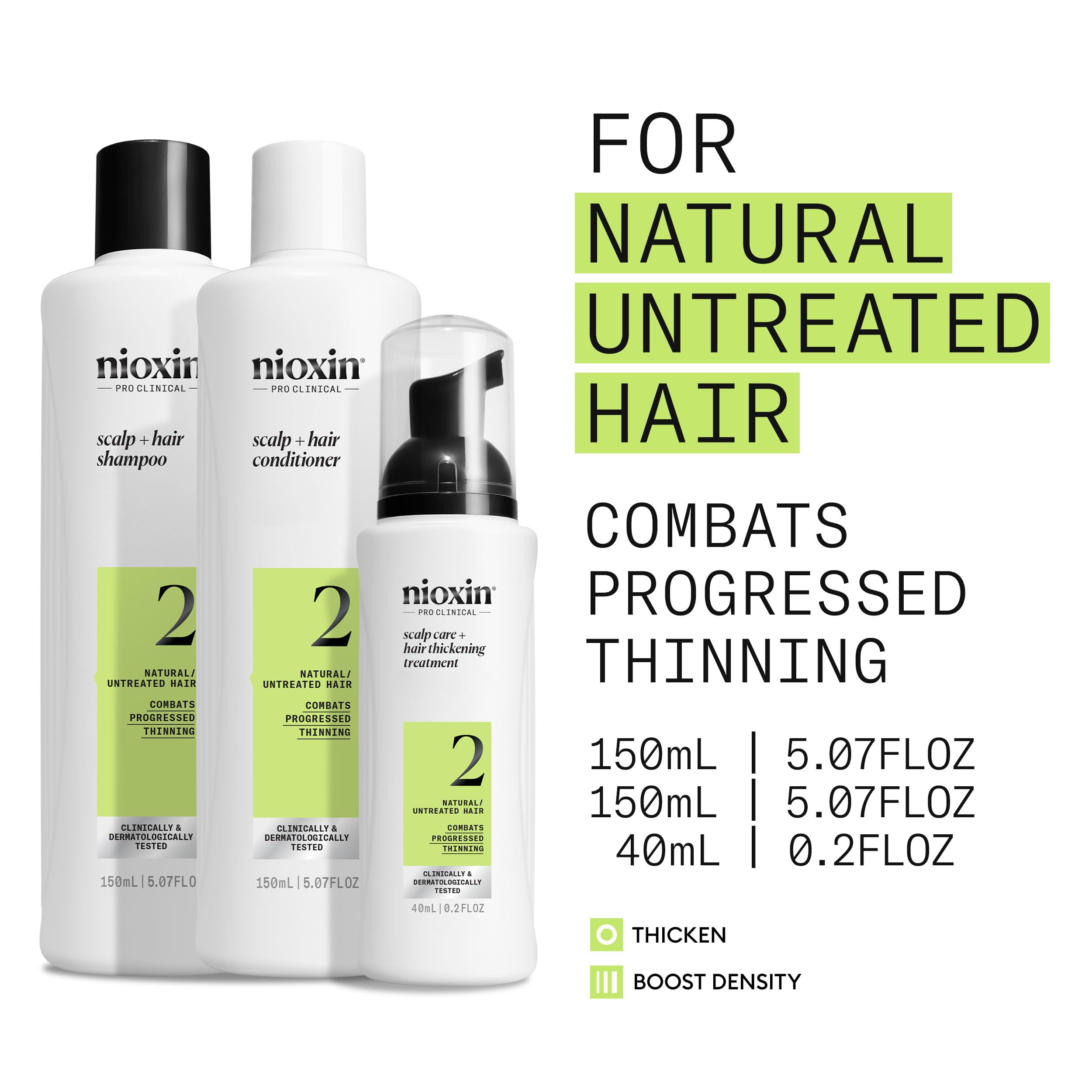 Nioxin Scalp + Hair Thickening System 2 Kit - Haarverdichtungssystem für natürliches Haar mit fortschreitender Ausdünnung - Shampoo, Spülung &amp; Kopfhautbehandlung (150+150+40ml)