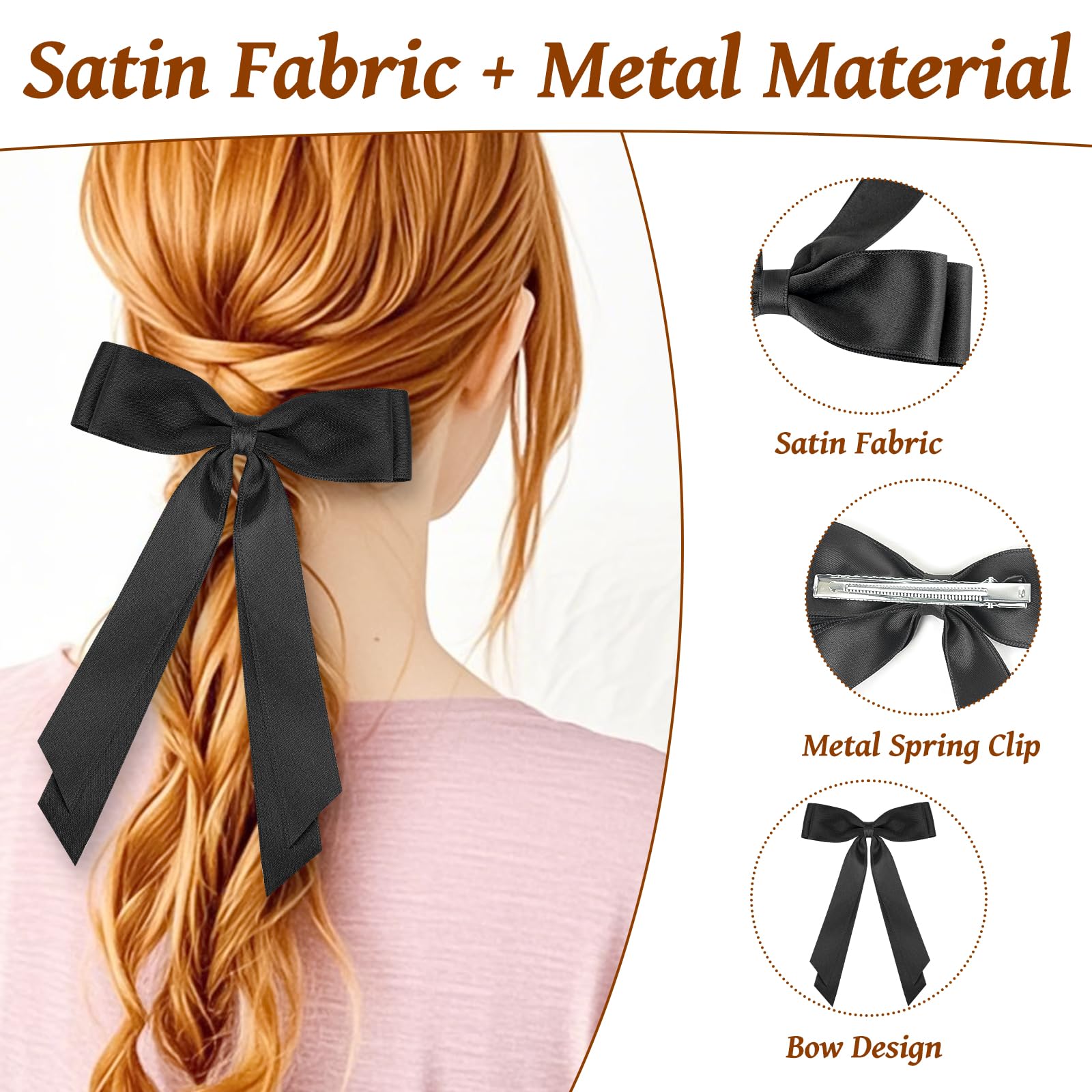 MOXYOY 2PCS Silky Satin Bow Hair Clip Set with Long Ribbon for Girls and Women (Black + Milky White) 3