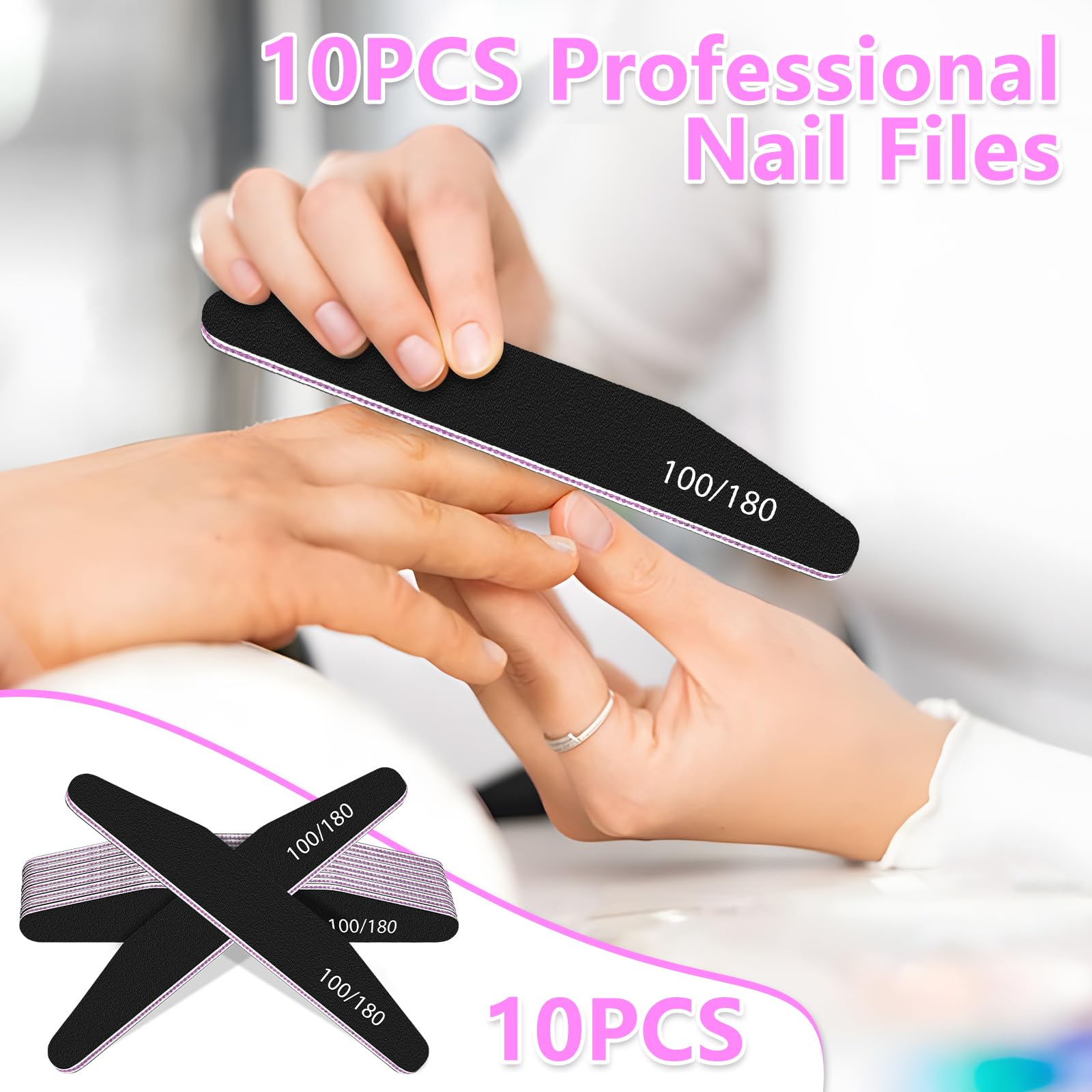 MOXYOY 10PCS Black Nail Files, 100/180 Grit Double-Sided Emery Boards for Professional Nail Shaping