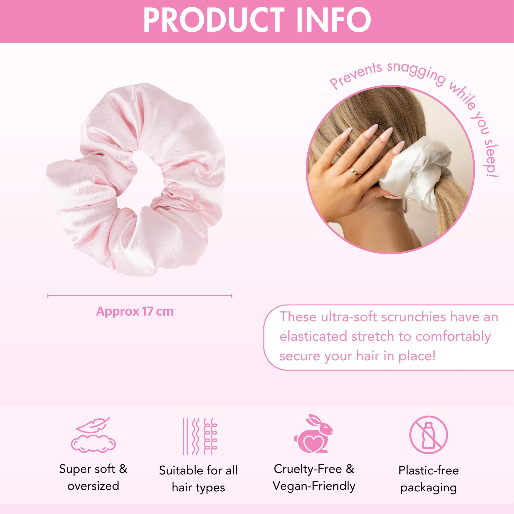 Brushworks Large Cloud Scrunchies 2 Pack – Pink & White Satin, Snag-Free Hair Styling 3
