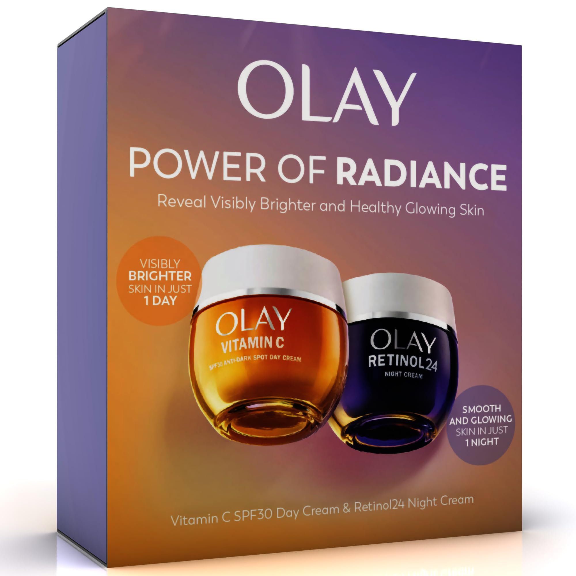 Olay Power of Radiance Geschenkset: Vitamin C Anti-Pigmentflecken Tagescreme LSF 30 (50 ml) + Retinol 24 Nachtcreme (50 ml), für strahlend schöne Haut bei Frauen 1